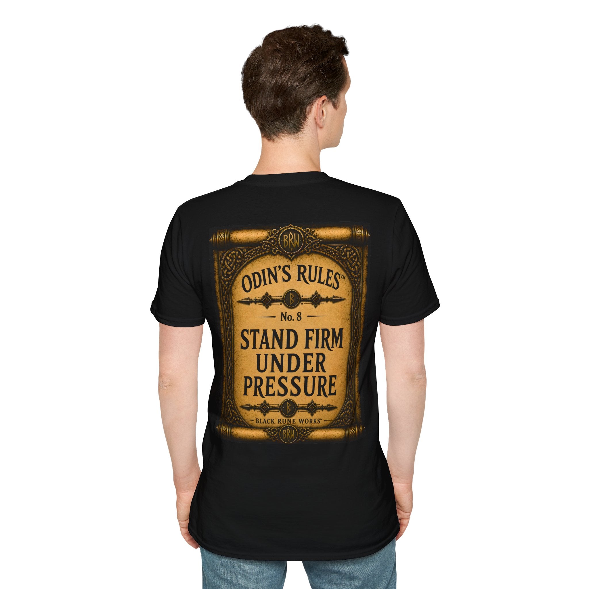 ODIN'S RULES™ No. 8 | Stand Firm Under Pressure | Viking Scroll Graphic T-Shirt | Black Rune Works