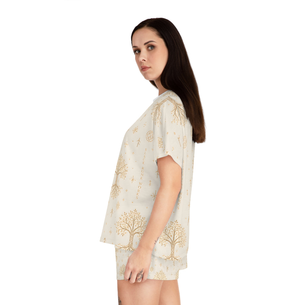 Women’s Yggdrasil Short Pajama Set | Cream & Gold Nordic Tree of Life Sleepwear | Black Rune Works