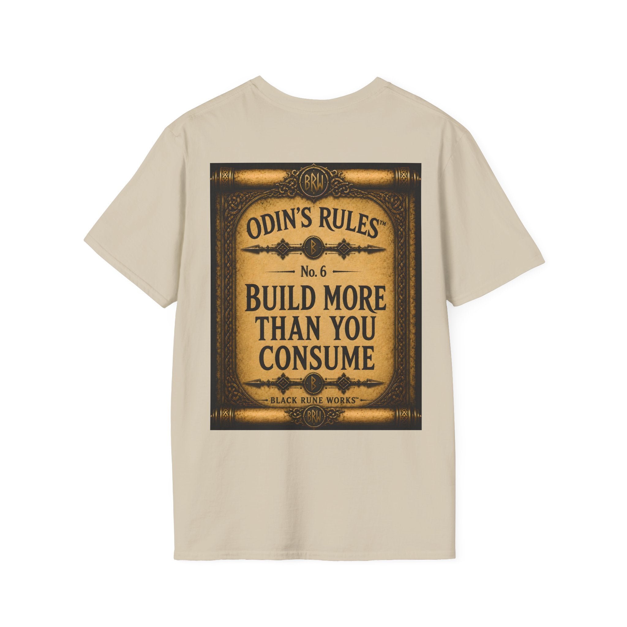 ODIN'S RULES™ No. 6 | Build More Than You Consume | Viking Scroll Graphic T-Shirt | Black Rune Works