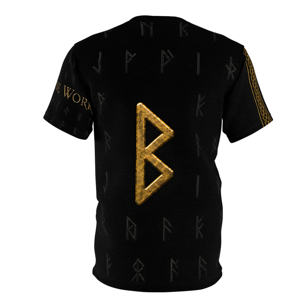 Black Rune Works Nordic Rune T-Shirt | Black & Gold Celtic Knotwork AOP Tee