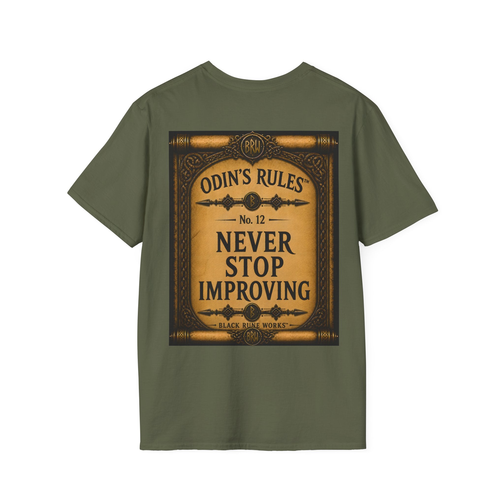 ODIN'S RULES™ No. 12 | Never Stop Improving | Viking Scroll Graphic T-Shirt | Black Rune Works