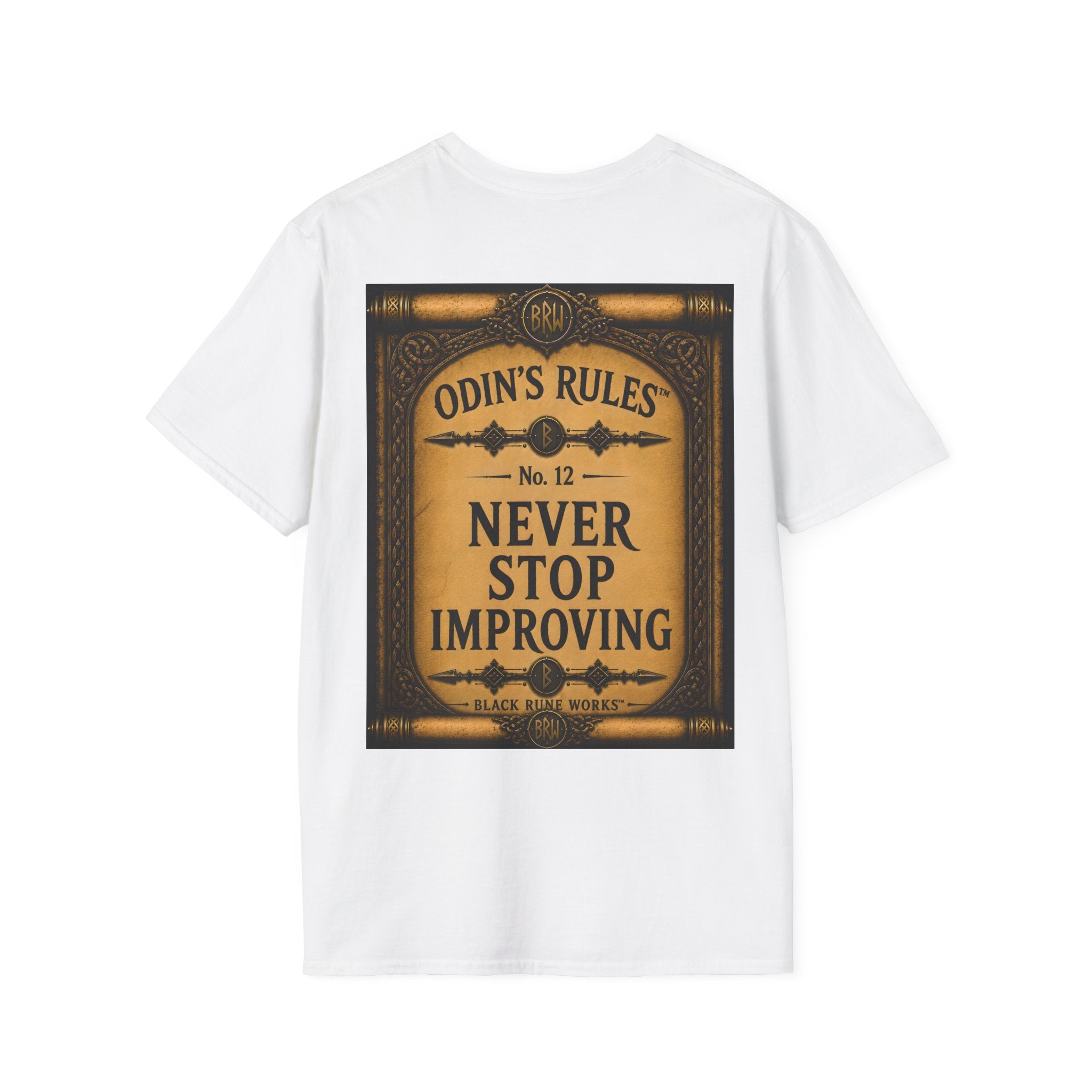 ODIN'S RULES™ No. 12 | Never Stop Improving | Viking Scroll Graphic T-Shirt | Black Rune Works