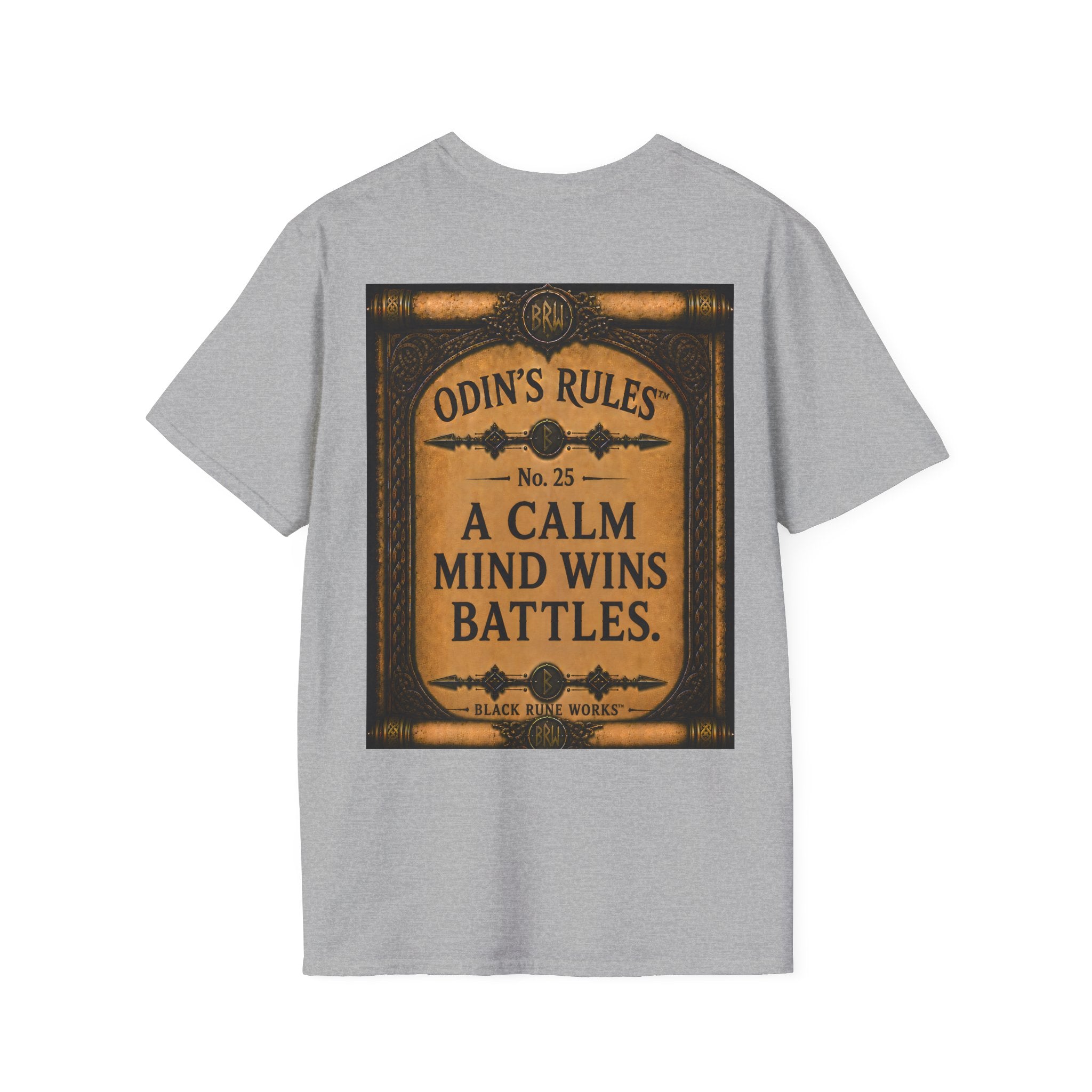 ODIN'S RULES™ No. 25 | A Calm Mind Wins Battles | Viking Scroll Graphic T-Shirt | Black Rune Works