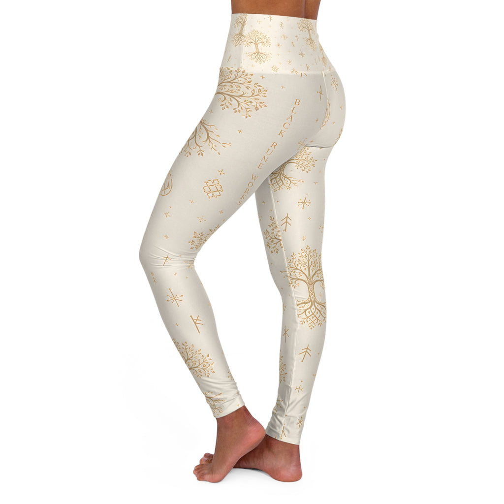 Women’s Yggdrasil High-Waisted Leggings | Cream & Gold Nordic Tree of Life Yoga Pants | Black Rune Works