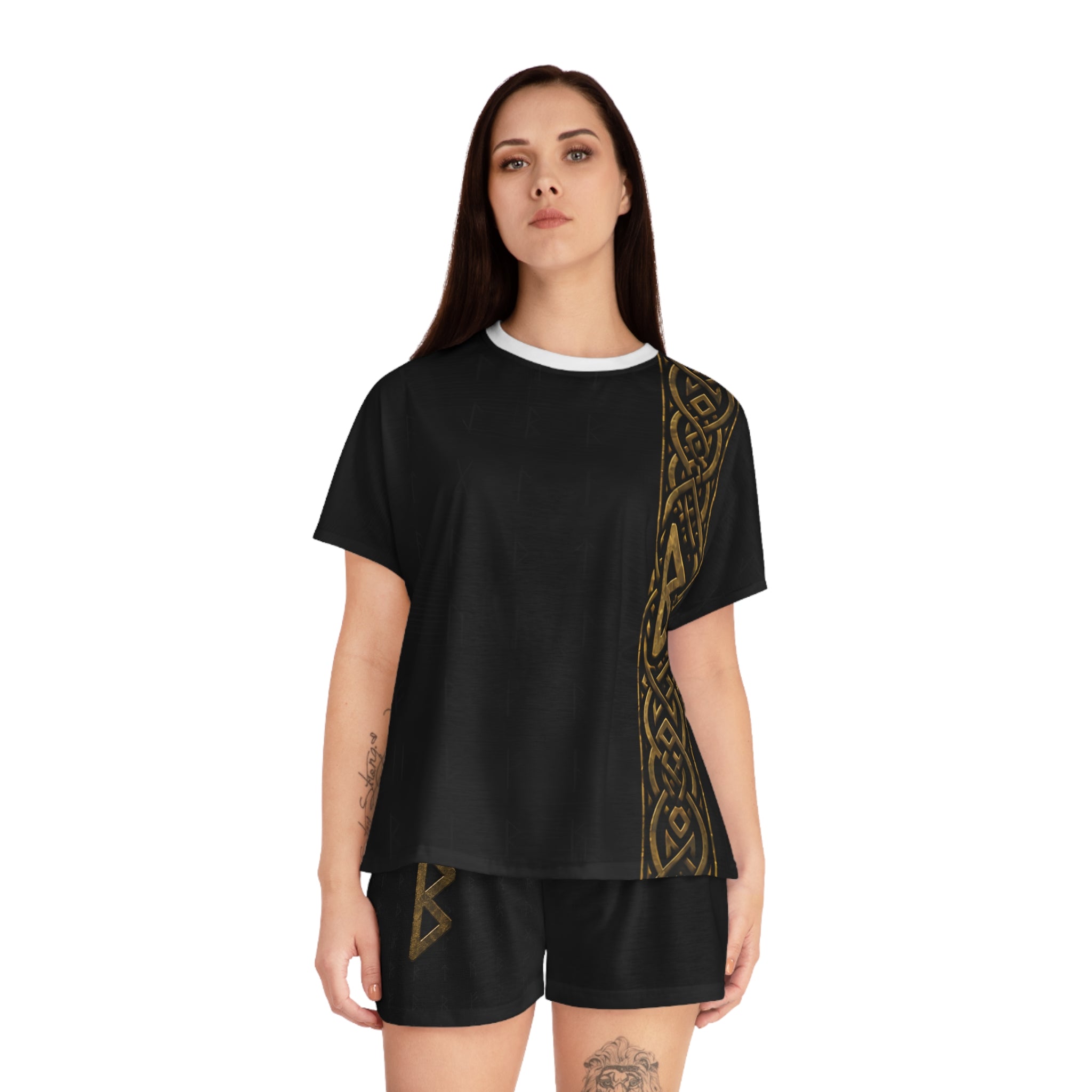 Women’s Black & Gold Rune Short Pajama Set | Nordic Knotwork Sleepwear | Black Rune Works
