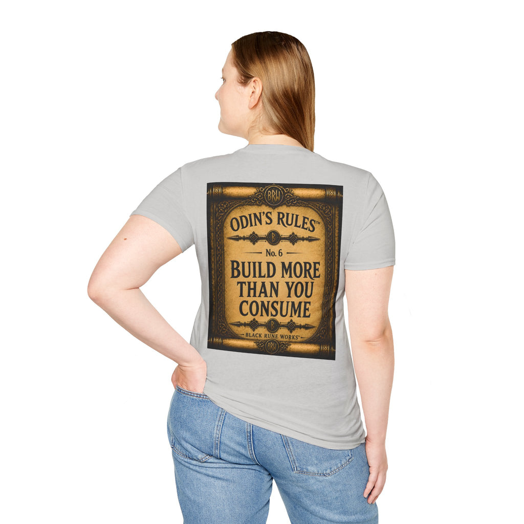 ODIN'S RULES™ No. 6 | Build More Than You Consume | Viking Scroll Graphic T-Shirt | Black Rune Works