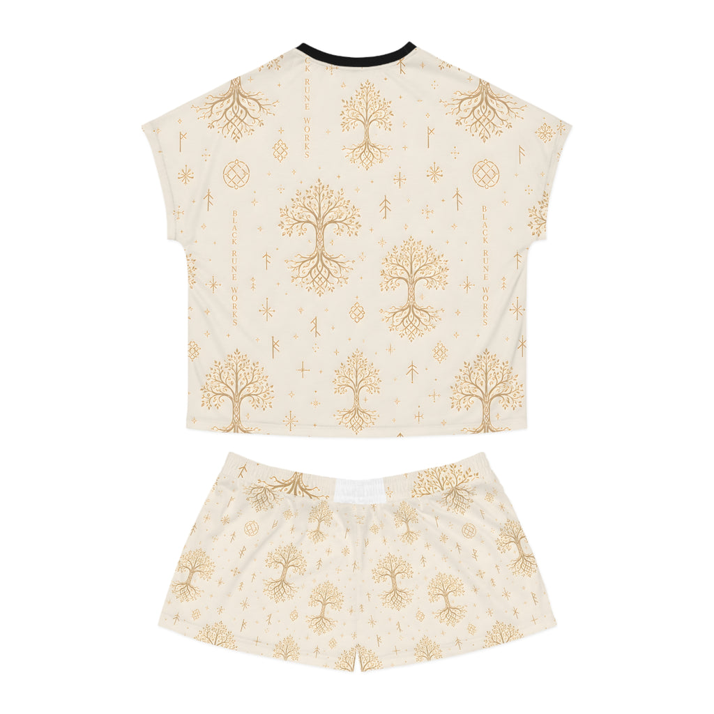 Women’s Yggdrasil Short Pajama Set | Cream & Gold Nordic Tree of Life Sleepwear | Black Rune Works