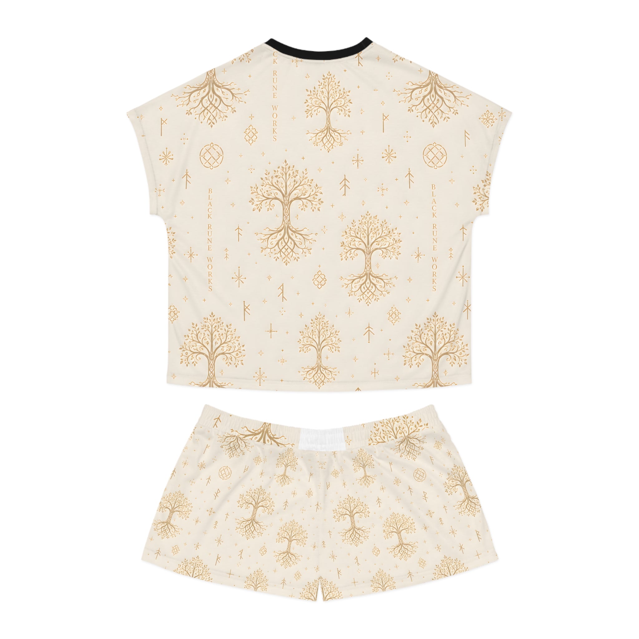 Women’s Yggdrasil Short Pajama Set | Cream & Gold Nordic Tree of Life Sleepwear | Black Rune Works