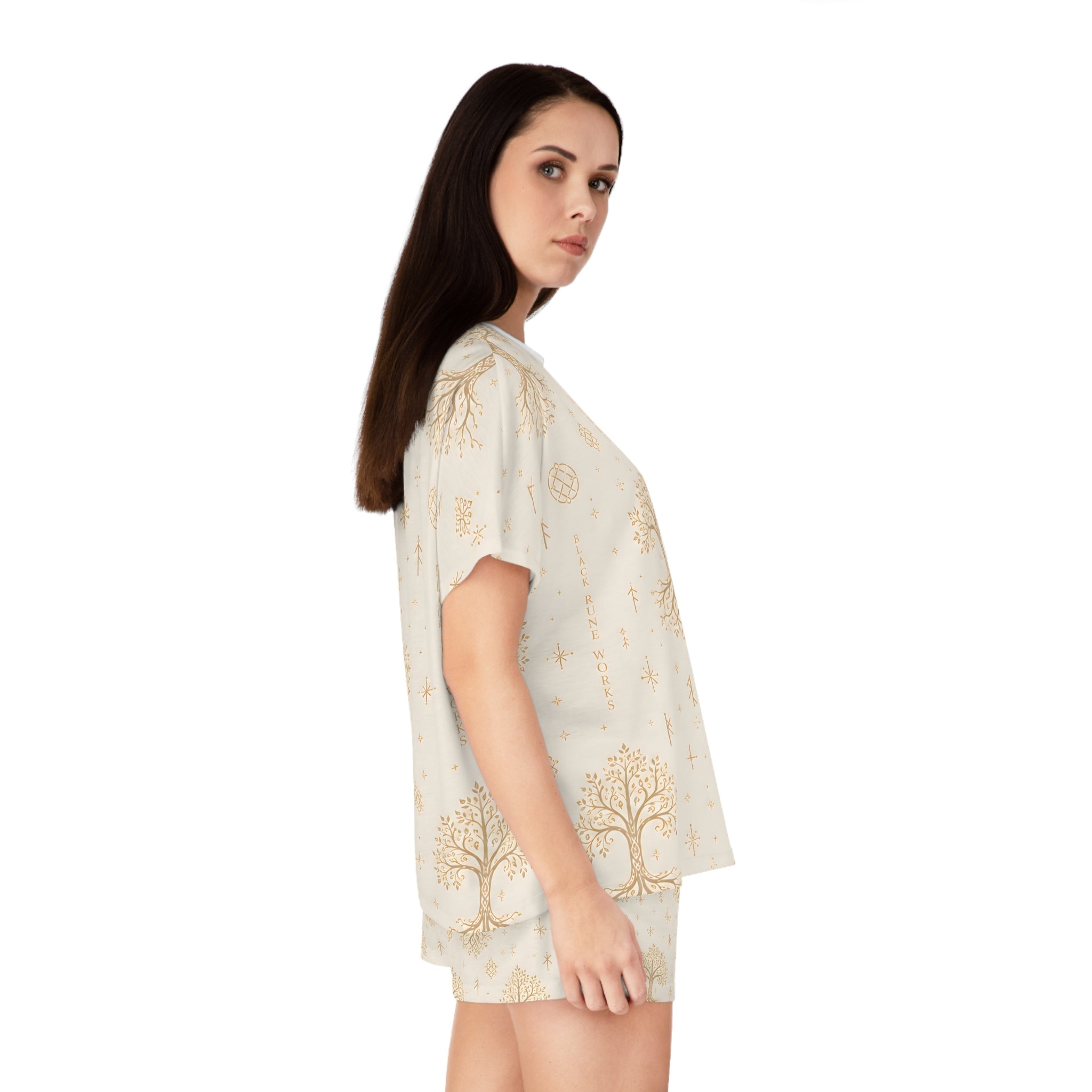 Women’s Yggdrasil Short Pajama Set | Cream & Gold Nordic Tree of Life Sleepwear | Black Rune Works