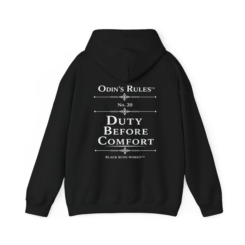 ODIN'S RULES™ Rule #20 | Duty Before Comfort | Viking Norse Warrior Hoodie | Black Rune Works