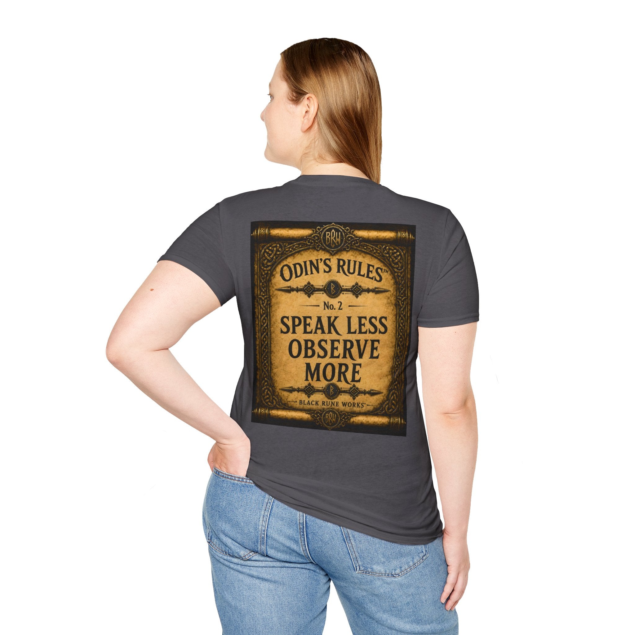 ODIN'S RULES™ No. 2 | Speak Less Observe More | Viking Scroll Graphic T-Shirt | Black Rune Works | Viking Scroll Graphic T-Shirt | Black Rune Works