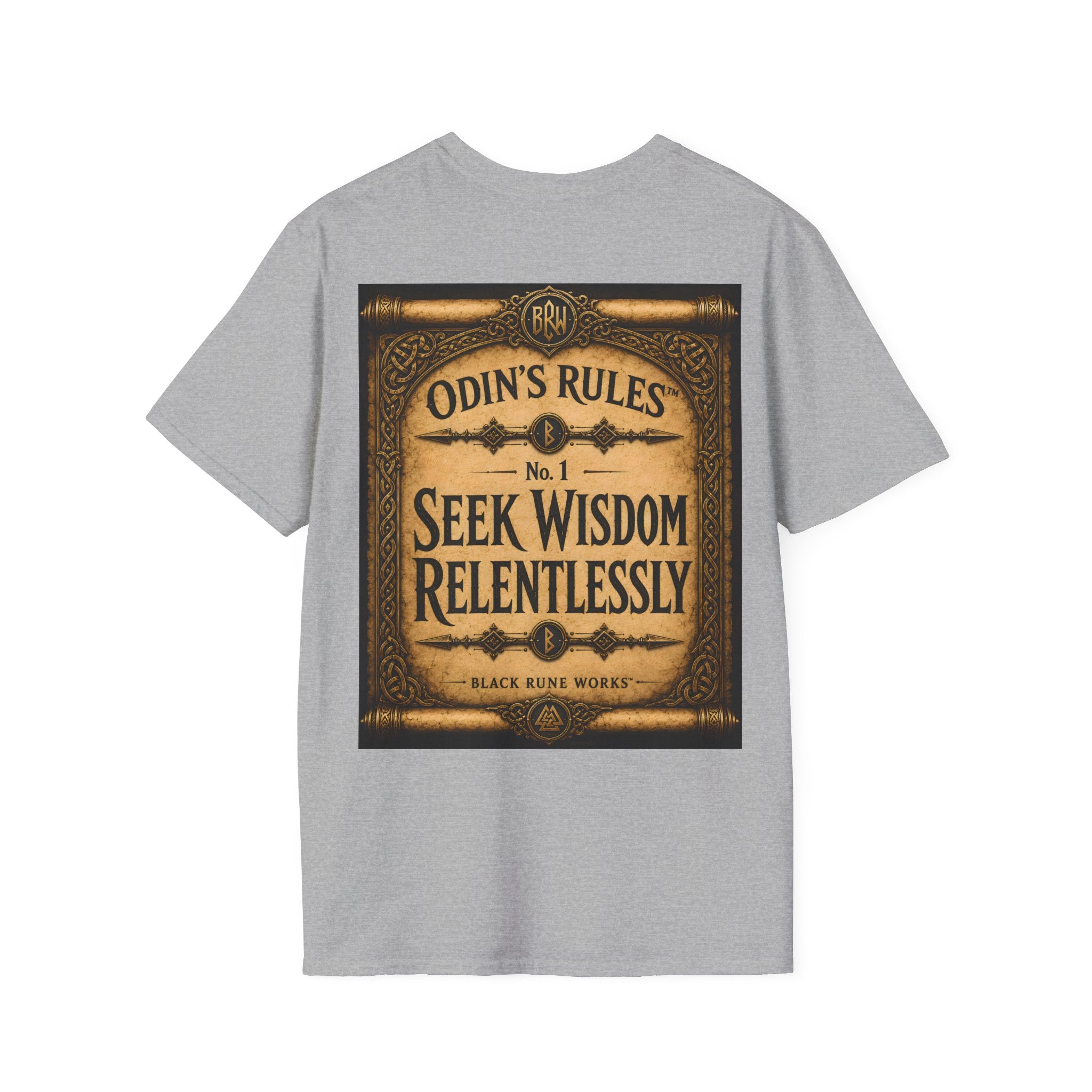 ODIN'S RULES™ No. 1 | Seek Wisdom Relentlessly | Viking Scroll Graphic T-Shirt | Black Rune Works