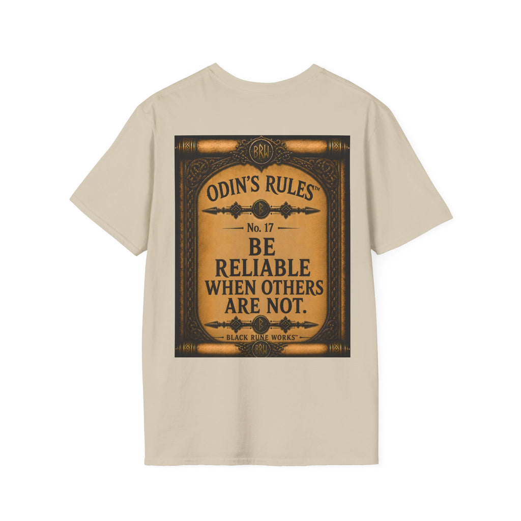 ODIN'S RULES™ No. 17 | Be Reliable When Others Are Not | Viking Scroll Graphic T-Shirt | Black Rune Works