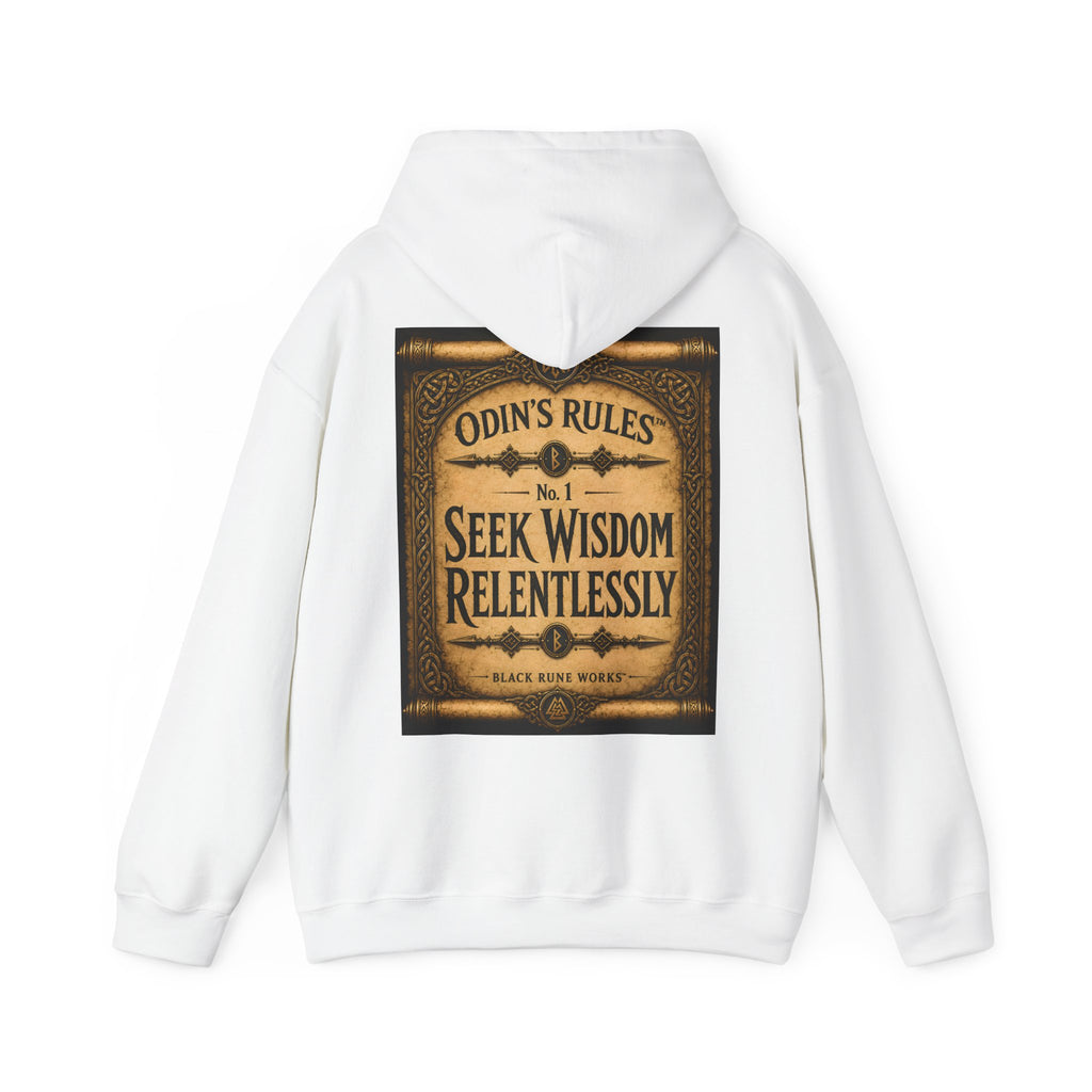 ODIN'S RULES™ No. 1 | Seek Wisdom Relentlessly | Viking Scroll Graphic Hoodie | Black Rune Works