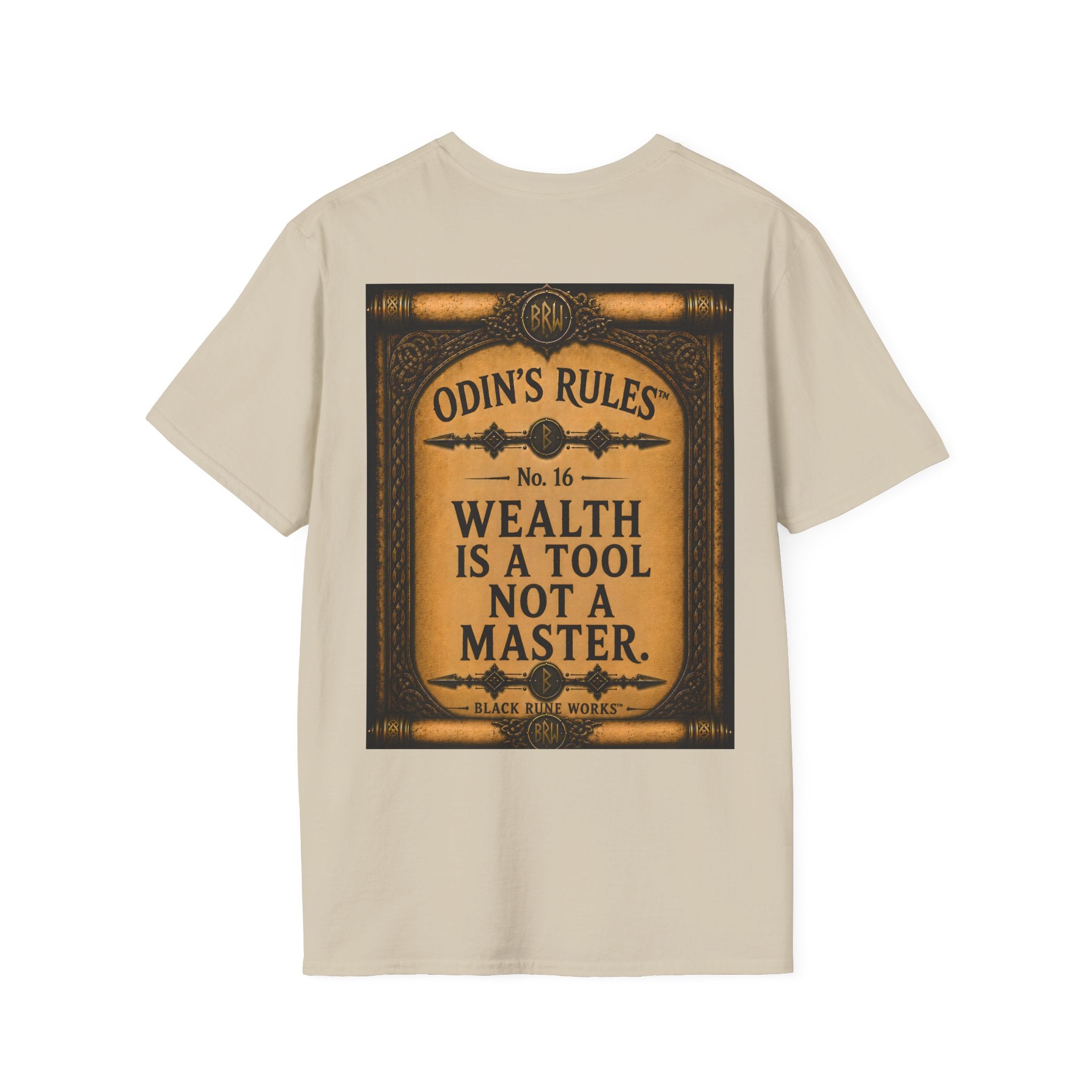 ODIN'S RULES™ No. 16 | Wealth Is A Tool Not A Master | Viking Scroll Graphic T-Shirt | Black Rune Works