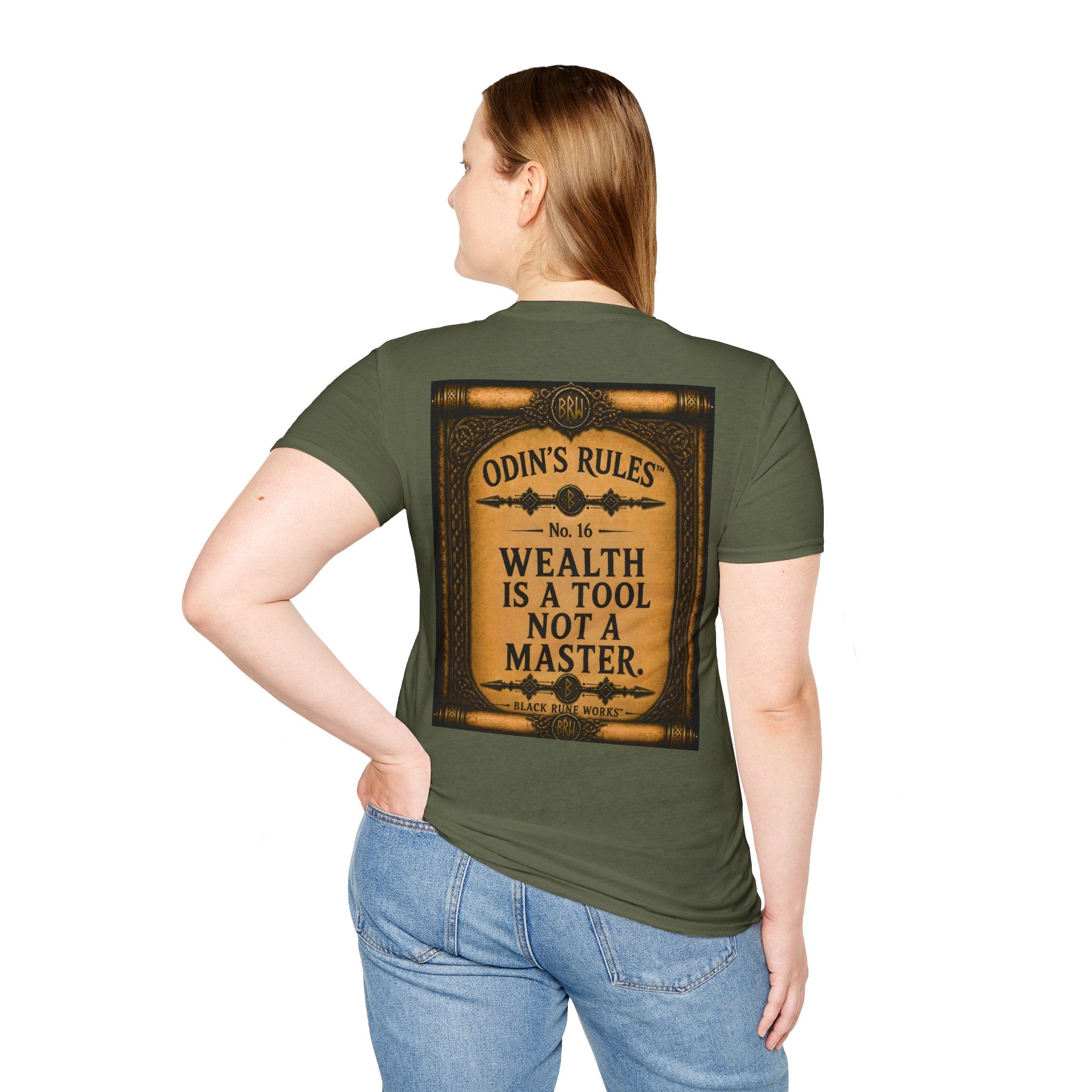 ODIN'S RULES™ No. 16 | Wealth Is A Tool Not A Master | Viking Scroll Graphic T-Shirt | Black Rune Works