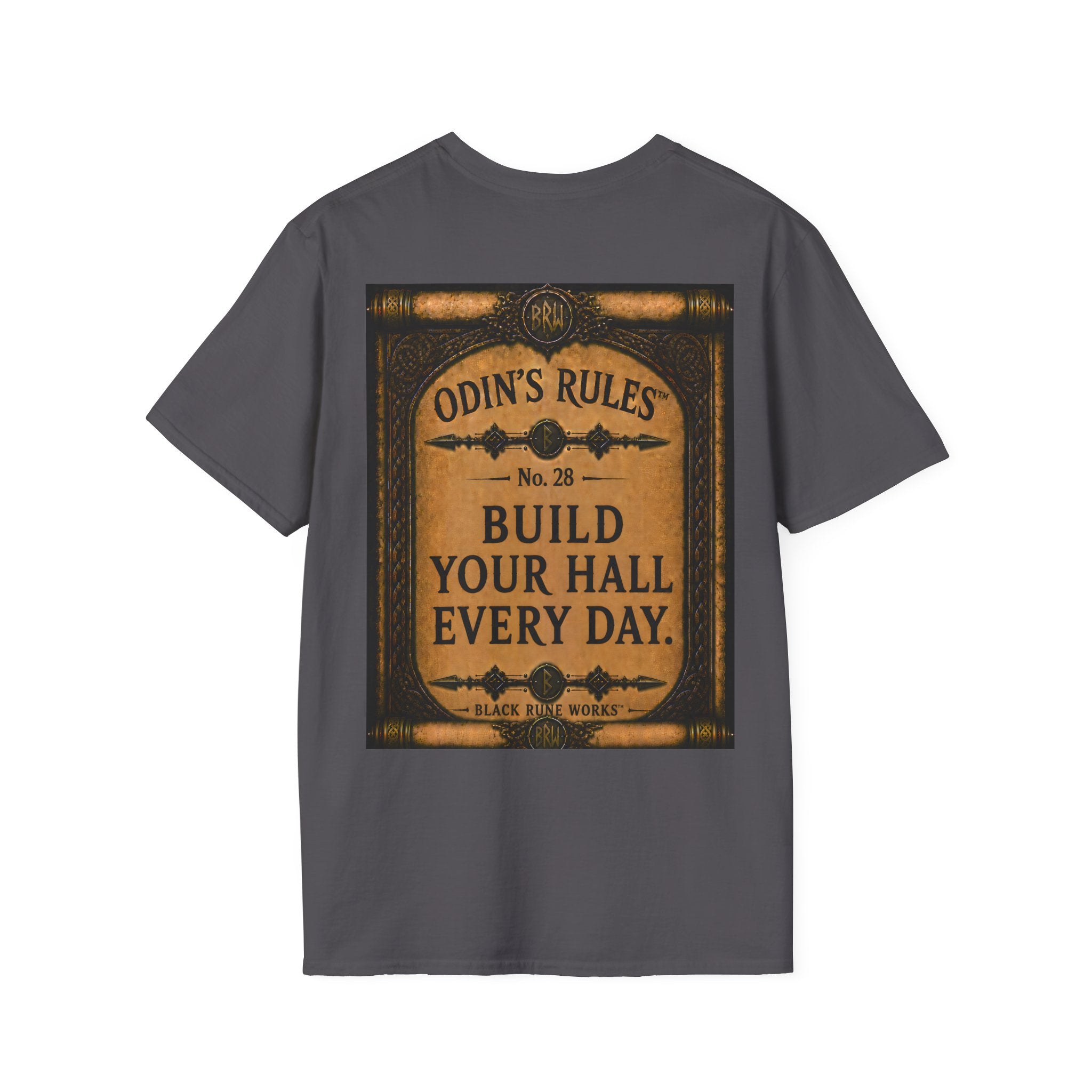 ODIN'S RULES™ No. 28 | Build Your Hall Every Day | Viking Scroll Graphic T-Shirt | Black Rune Works