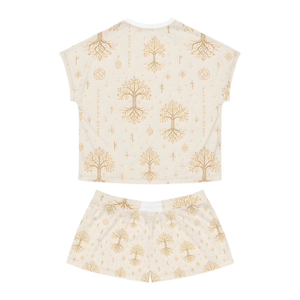 Women’s Yggdrasil Short Pajama Set | Cream & Gold Nordic Tree of Life Sleepwear | Black Rune Works