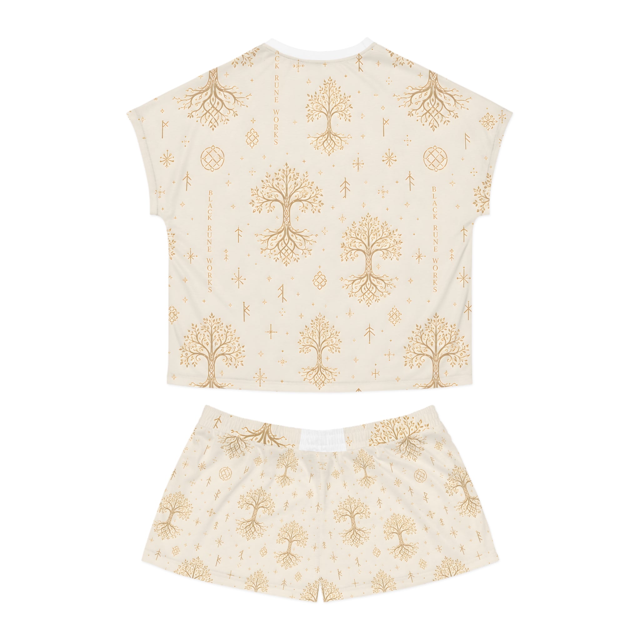 Women’s Yggdrasil Short Pajama Set | Cream & Gold Nordic Tree of Life Sleepwear | Black Rune Works