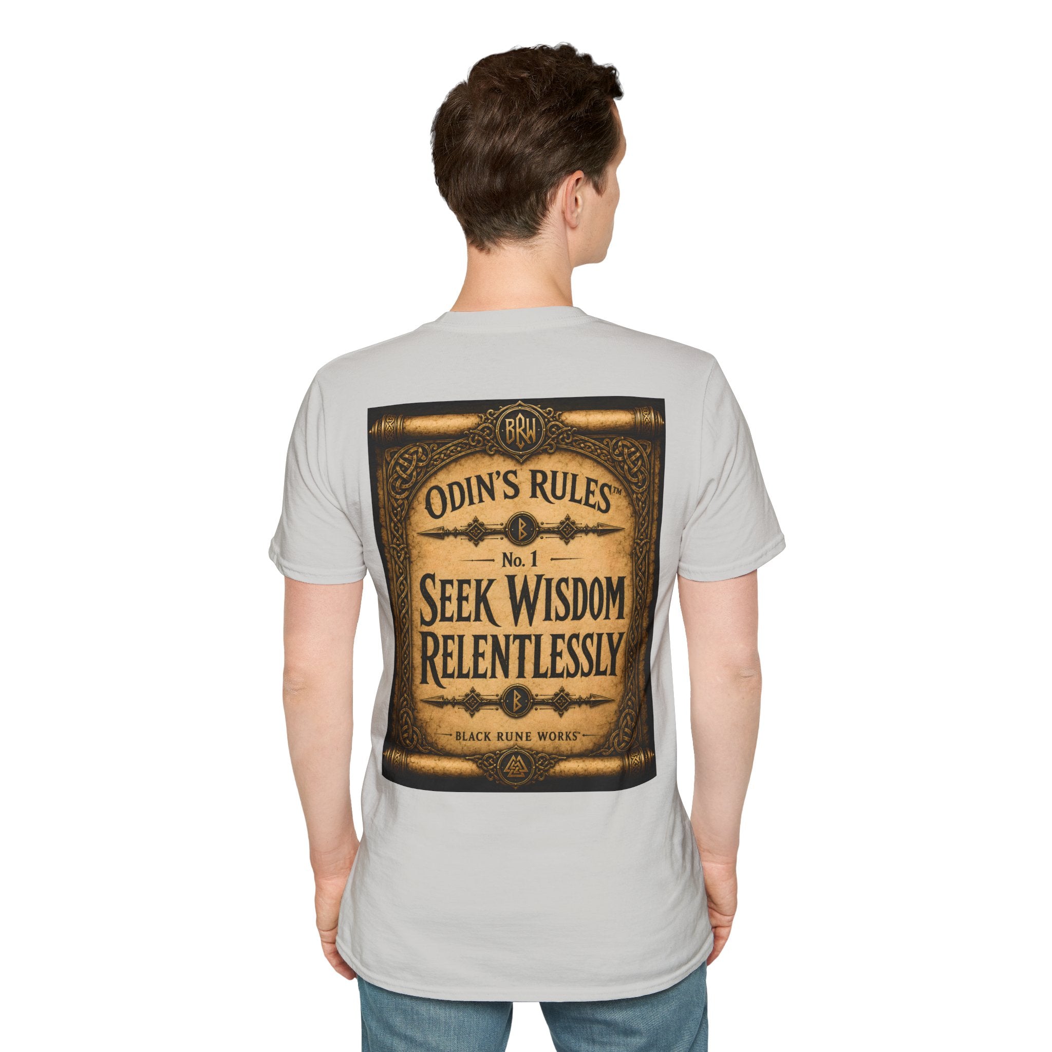 ODIN'S RULES™ No. 1 | Seek Wisdom Relentlessly | Viking Scroll Graphic T-Shirt | Black Rune Works