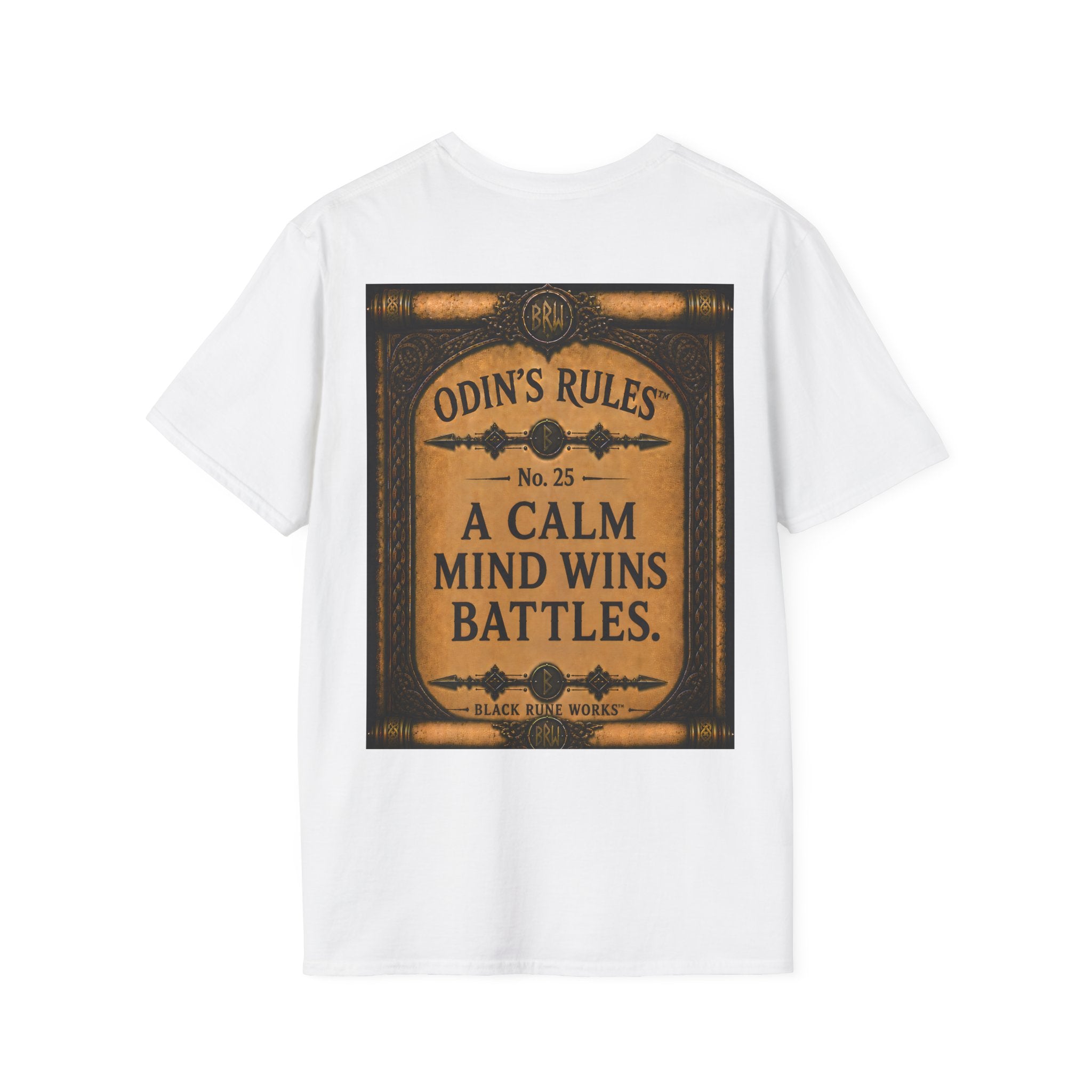 ODIN'S RULES™ No. 25 | A Calm Mind Wins Battles | Viking Scroll Graphic T-Shirt | Black Rune Works