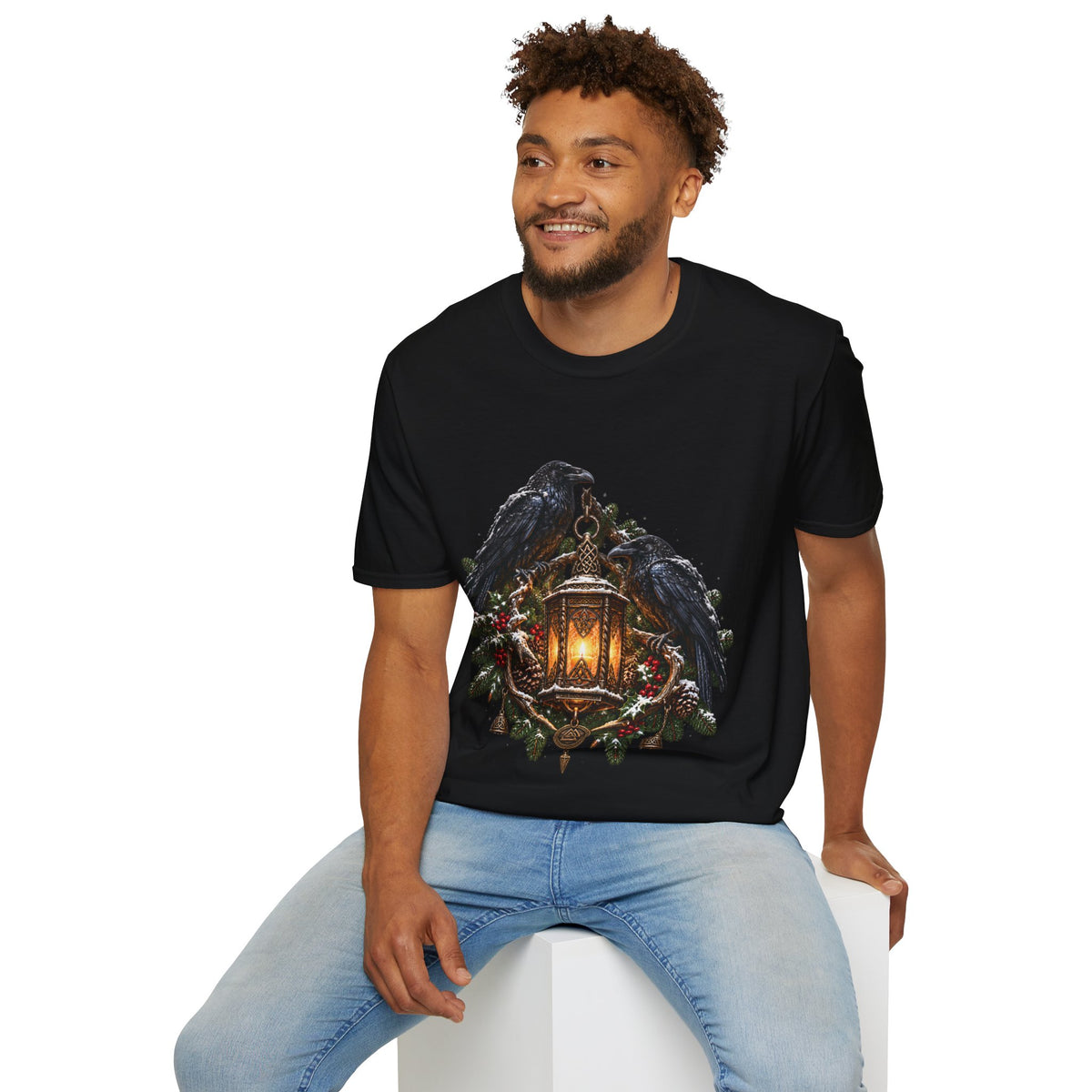 Christmas Ravens & Lantern T-Shirt – Nordic Viking Holiday Raven Tee