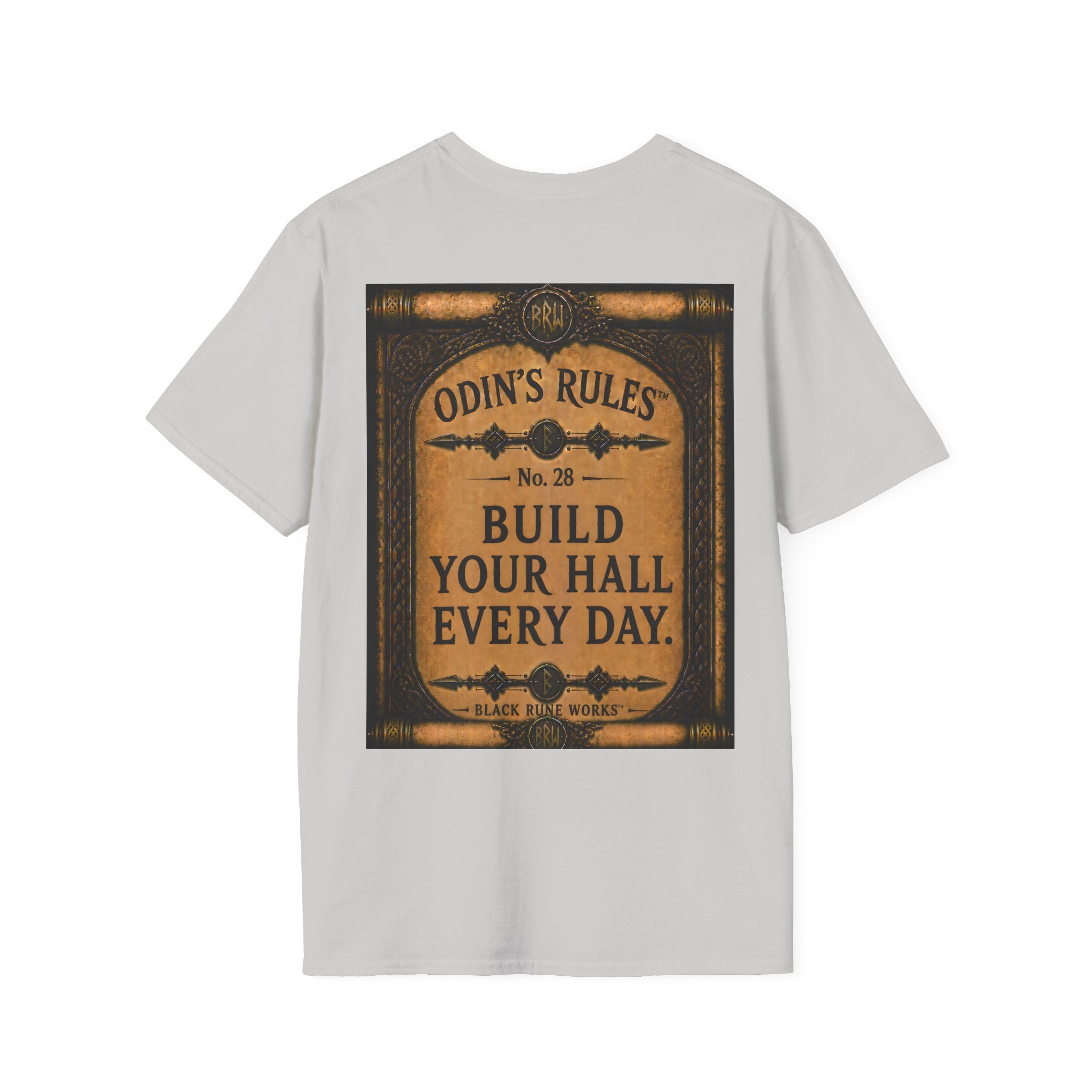 ODIN'S RULES™ No. 28 | Build Your Hall Every Day | Viking Scroll Graphic T-Shirt | Black Rune Works