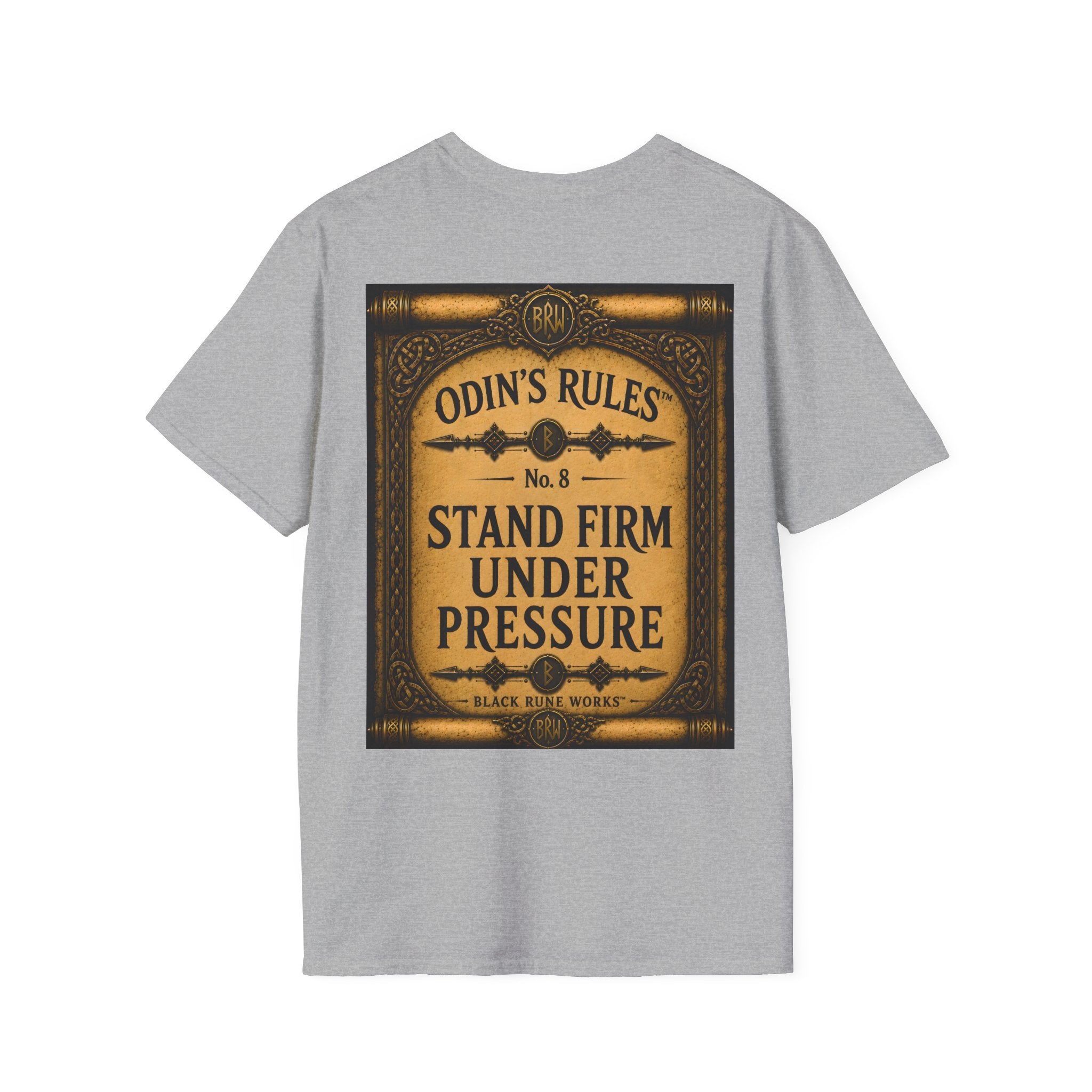 ODIN'S RULES™ No. 8 | Stand Firm Under Pressure | Viking Scroll Graphic T-Shirt | Black Rune Works