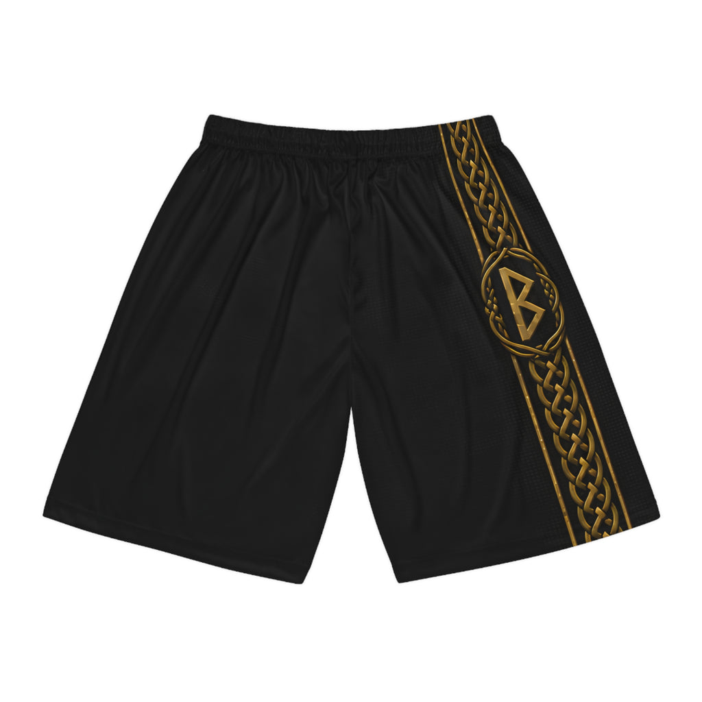 Black Rune Works Celtic Knot Basketball Shorts | Black & Gold Nordic Athletic Shorts