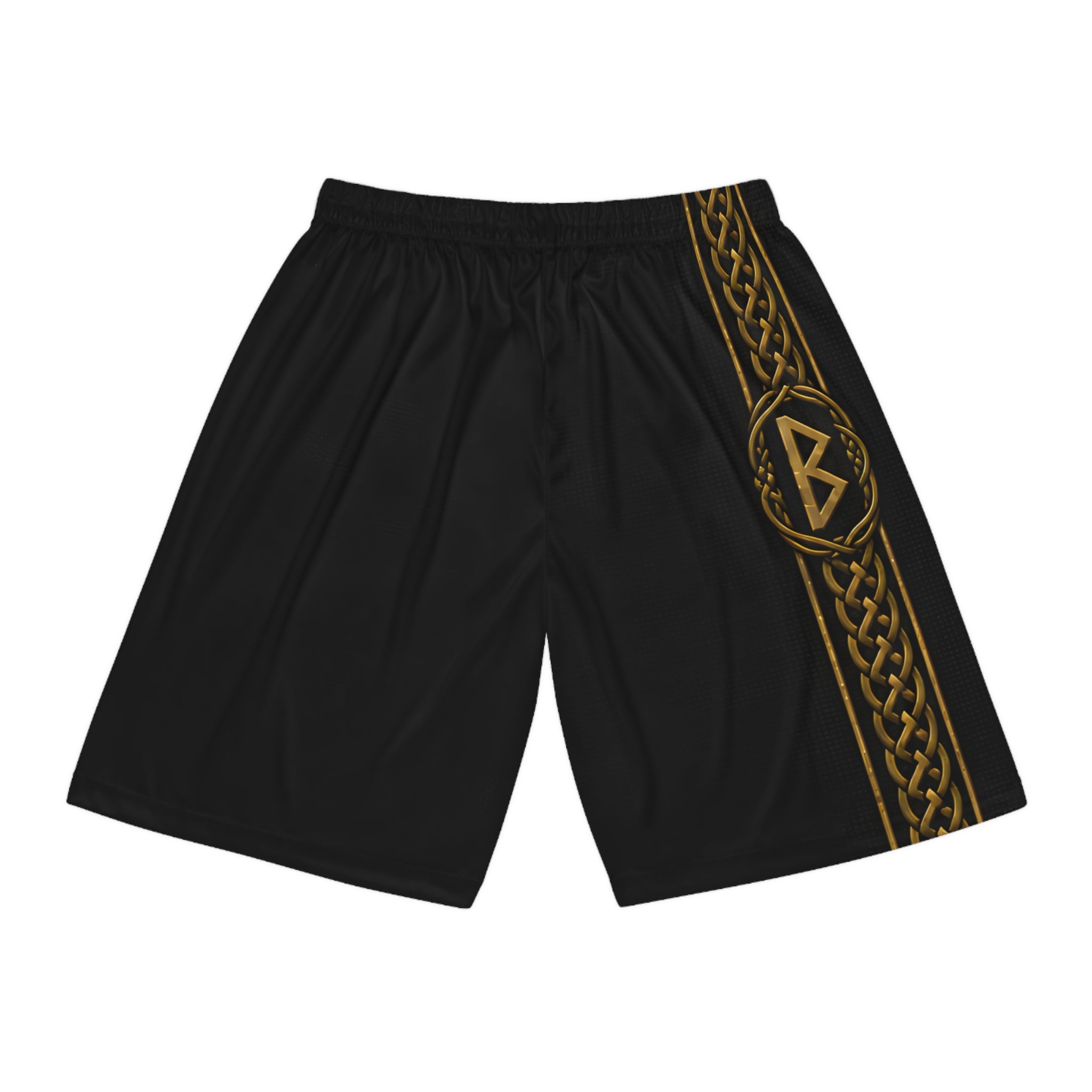 Black Rune Works Celtic Knot Basketball Shorts | Black & Gold Nordic Athletic Shorts