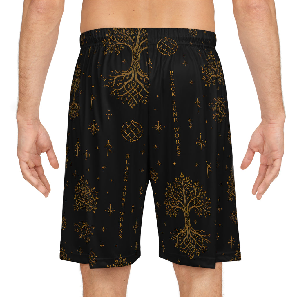 Yggdrasil Tree of Life Basketball Shorts | Black & Gold Nordic Rune Athletic Shorts | Black Rune Works