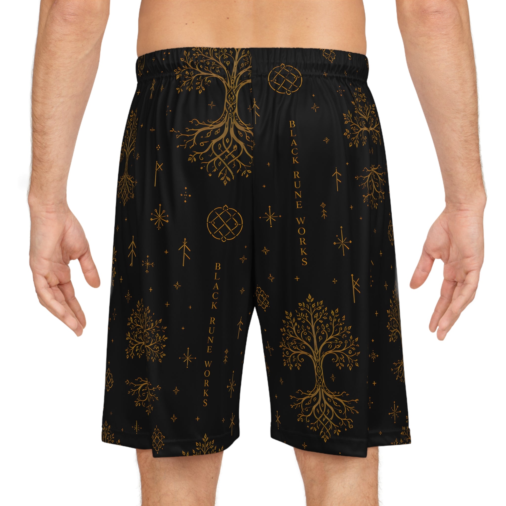 Yggdrasil Tree of Life Basketball Shorts | Black & Gold Nordic Rune Athletic Shorts | Black Rune Works
