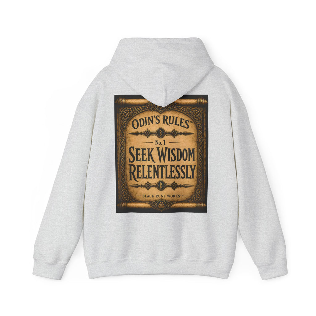ODIN'S RULES™ No. 1 | Seek Wisdom Relentlessly | Viking Scroll Graphic Hoodie | Black Rune Works