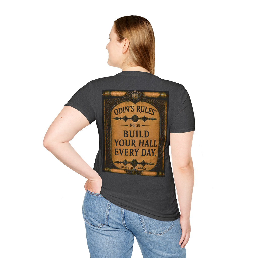 ODIN'S RULES™ No. 28 | Build Your Hall Every Day | Viking Scroll Graphic T-Shirt | Black Rune Works
