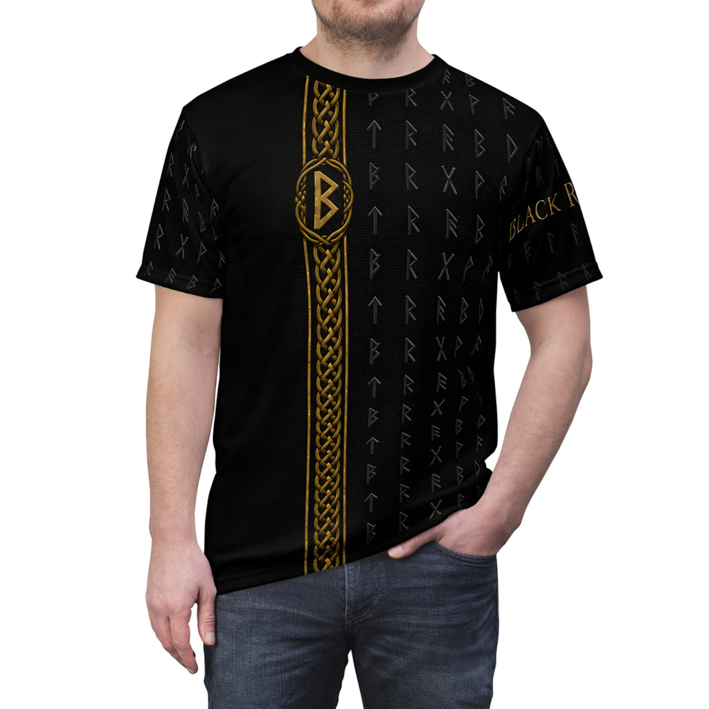 Black Rune Works Nordic Rune T-Shirt | Black & Gold Celtic Knotwork AOP Tee