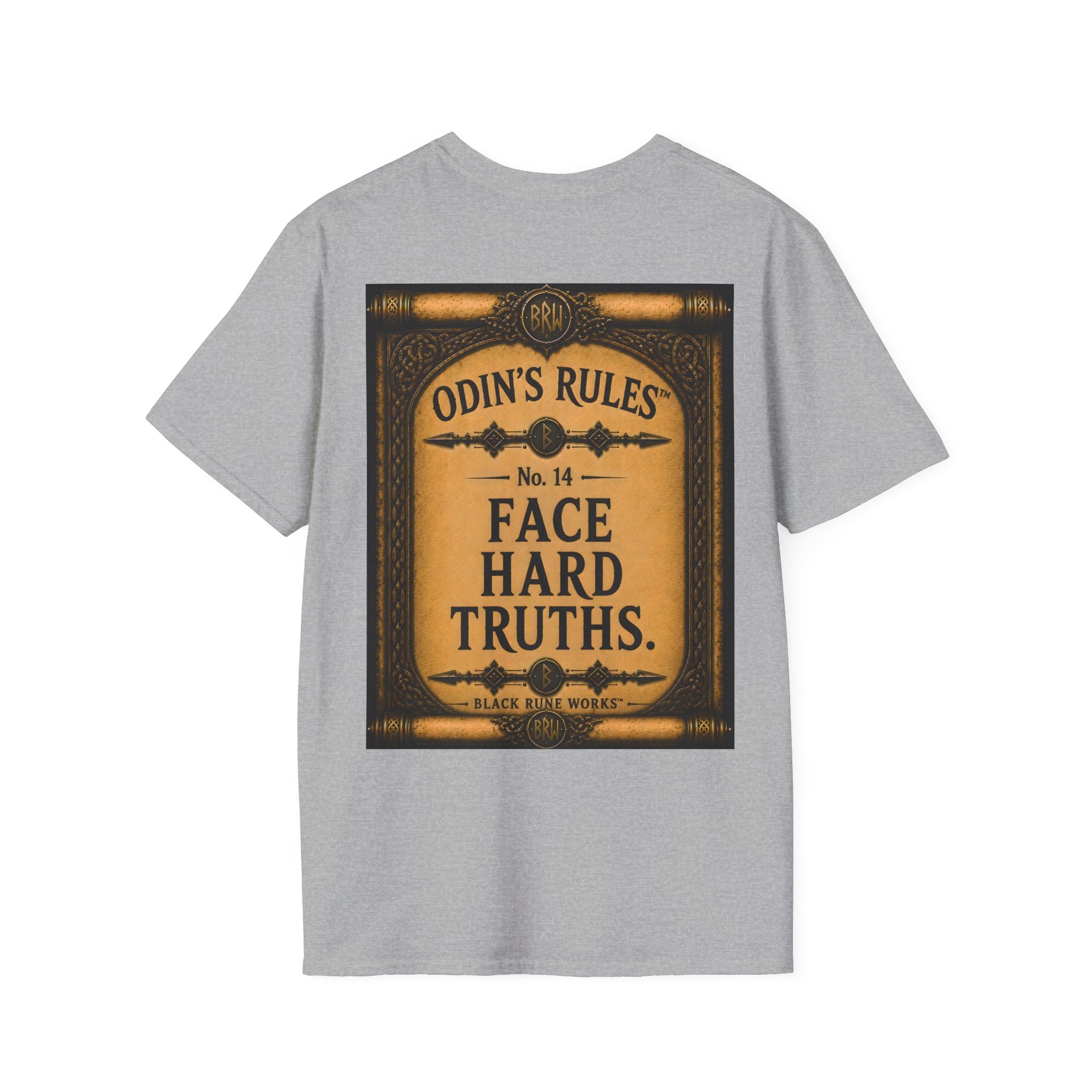 ODIN'S RULES™ No. 14 | Face Hard Truths | Viking Scroll Graphic T-Shirt | Black Rune Works