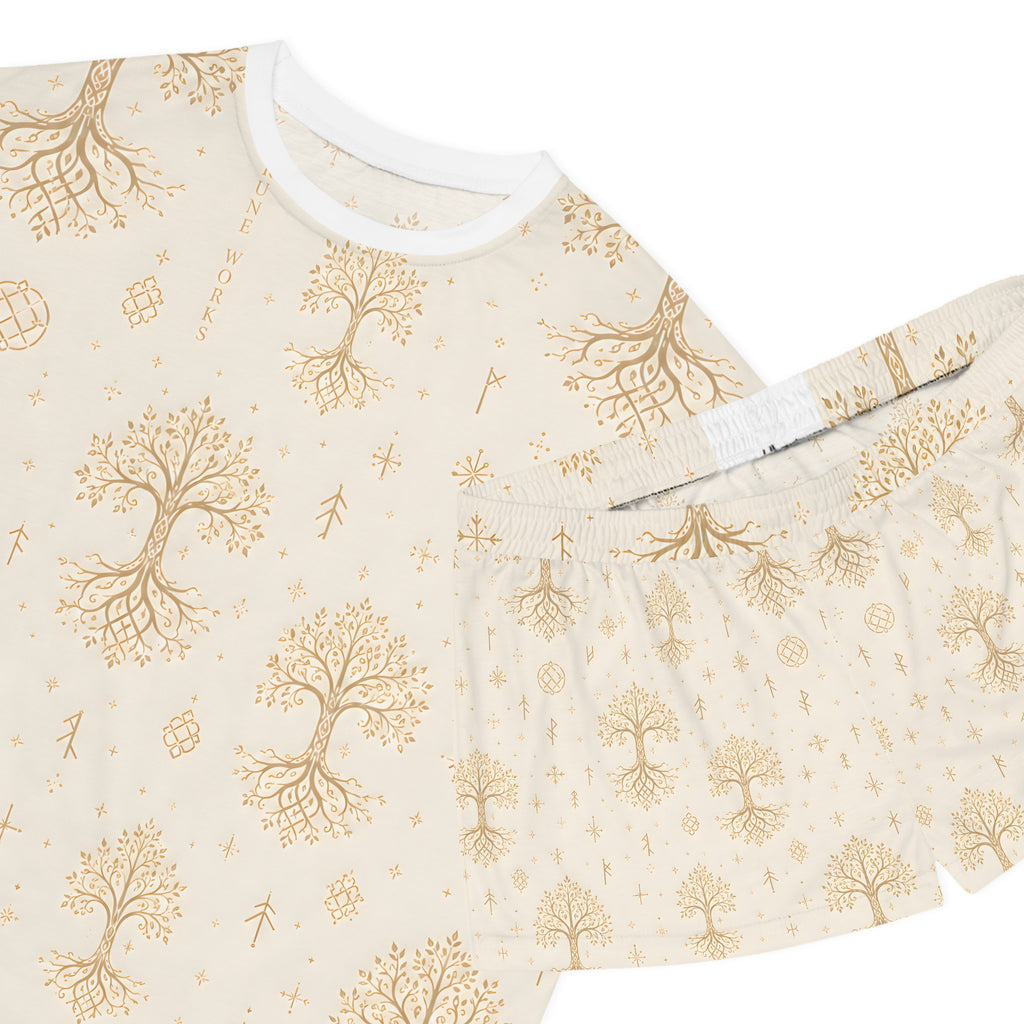 Women’s Yggdrasil Short Pajama Set | Cream & Gold Nordic Tree of Life Sleepwear | Black Rune Works
