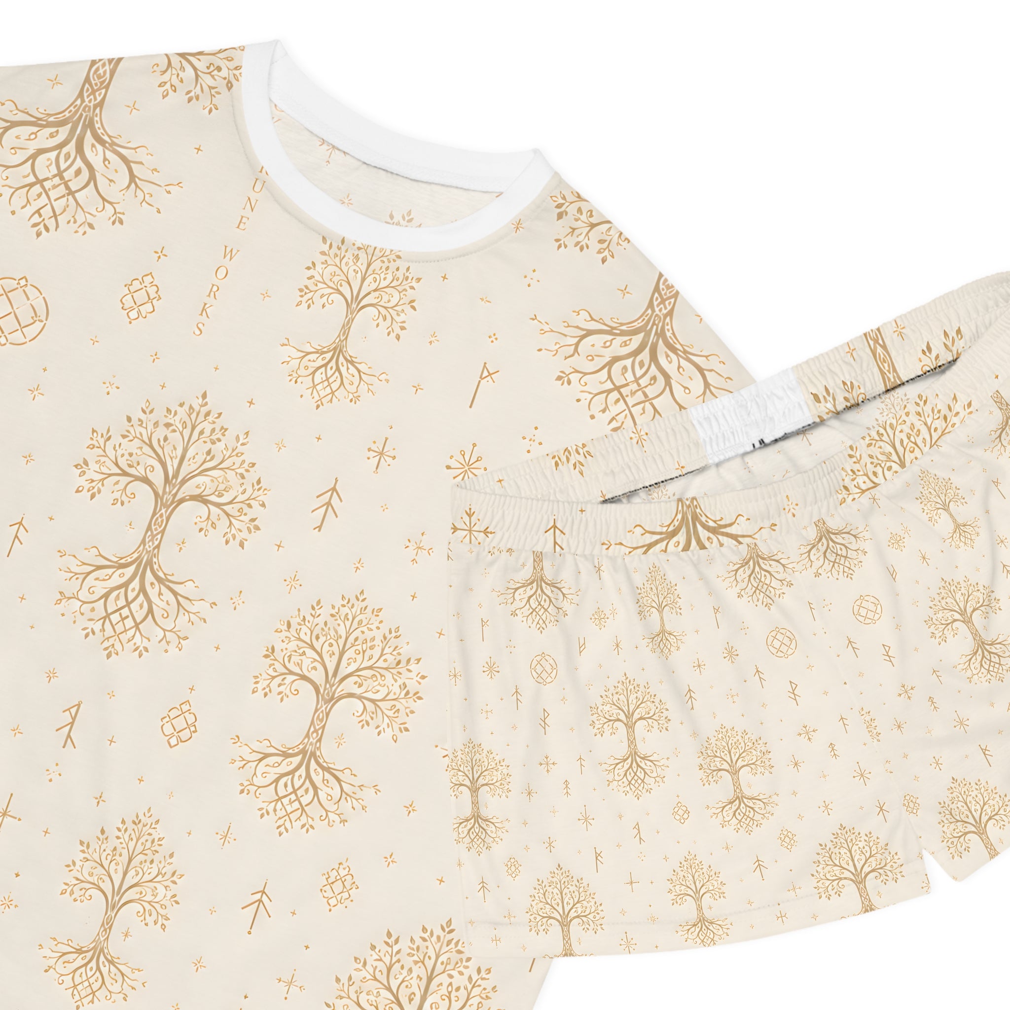 Women’s Yggdrasil Short Pajama Set | Cream & Gold Nordic Tree of Life Sleepwear | Black Rune Works