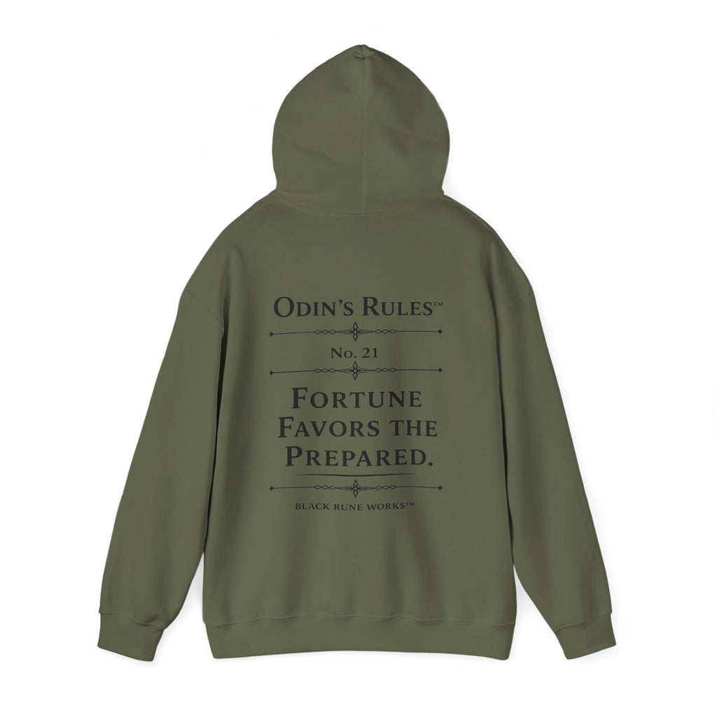 ODIN'S RULES™ Rule #21 | Fortune Favors the Prepared | Viking Norse Warrior Hoodie | Black Rune Works
