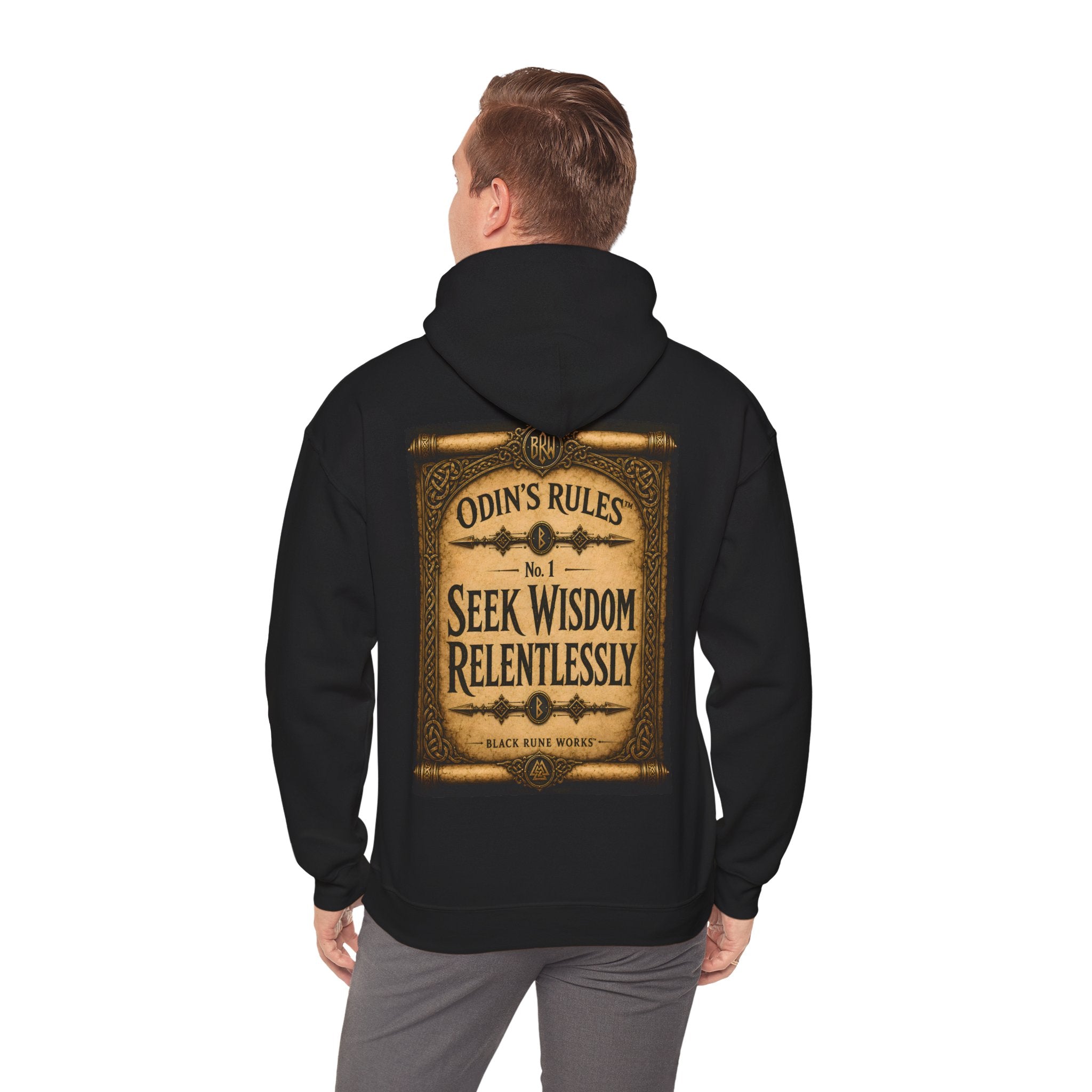 ODIN'S RULES™ No. 1 | Seek Wisdom Relentlessly | Viking Scroll Graphic Hoodie | Black Rune Works