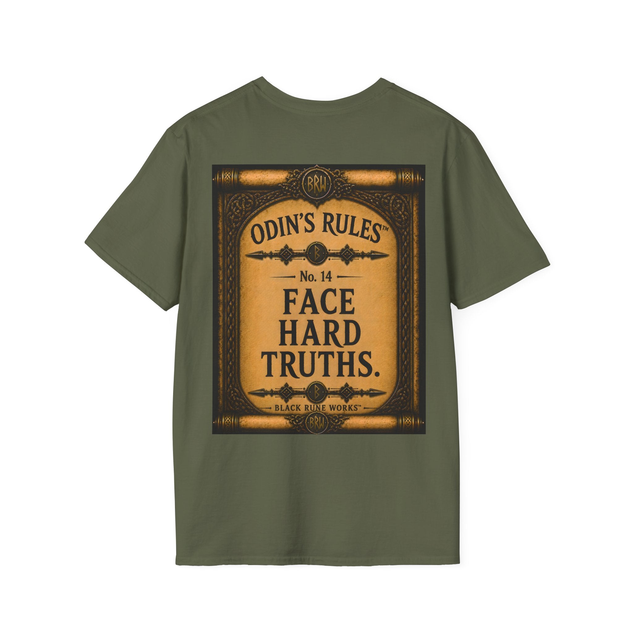 ODIN'S RULES™ No. 14 | Face Hard Truths | Viking Scroll Graphic T-Shirt | Black Rune Works
