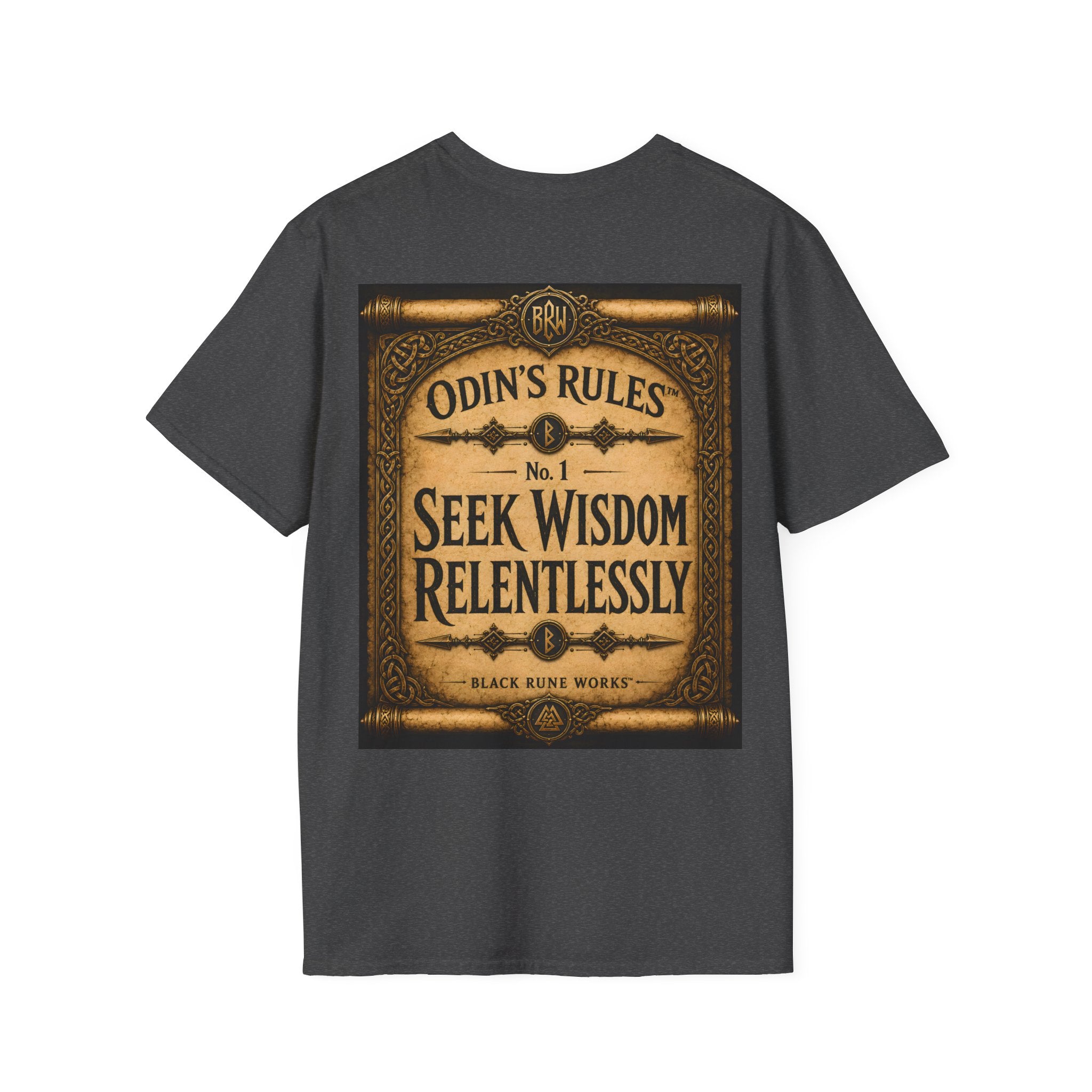ODIN'S RULES™ No. 1 | Seek Wisdom Relentlessly | Viking Scroll Graphic T-Shirt | Black Rune Works