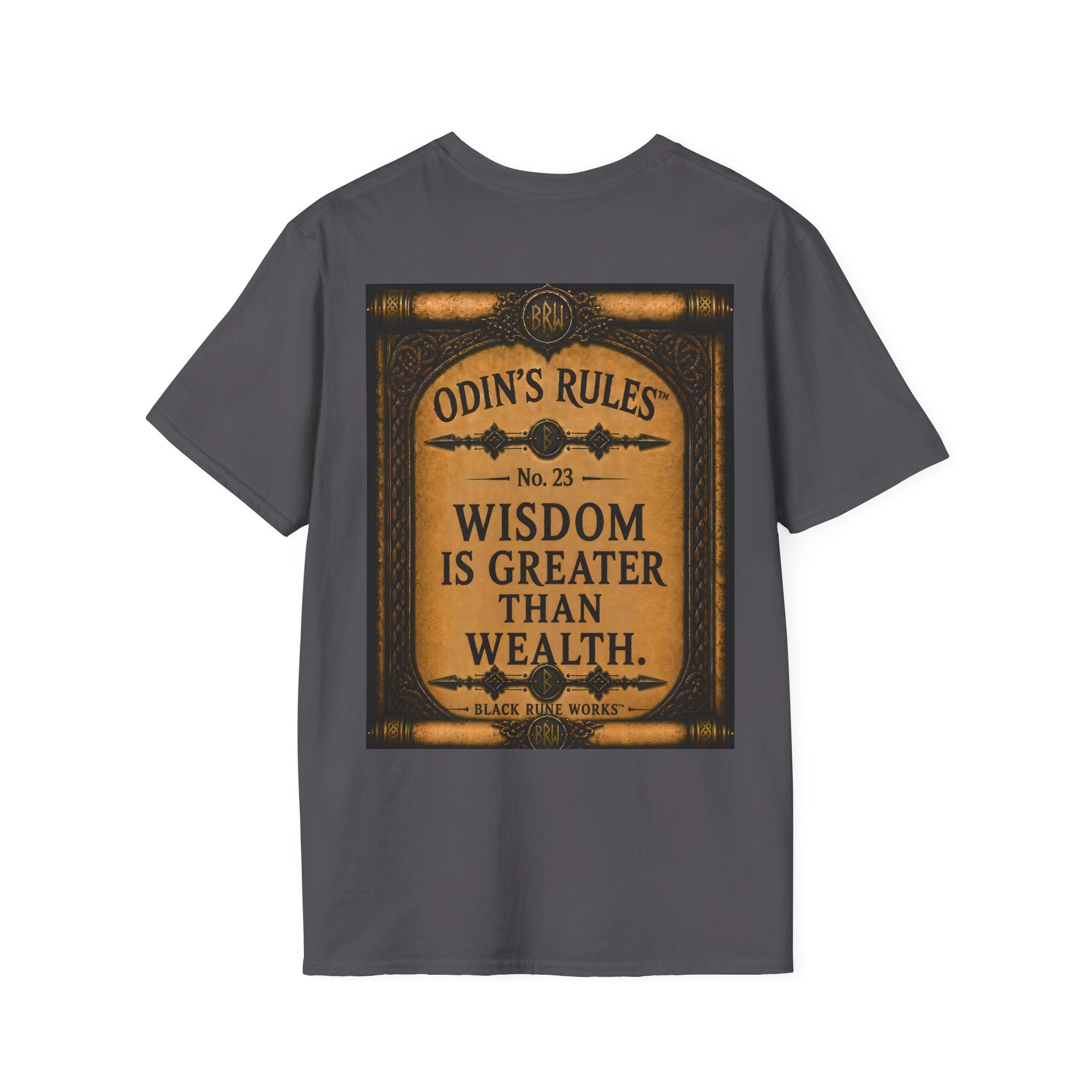ODIN'S RULES™ No. 23 | Wisdom Is Greater Than Wealth | Viking Scroll Graphic T-Shirt | Black Rune Works