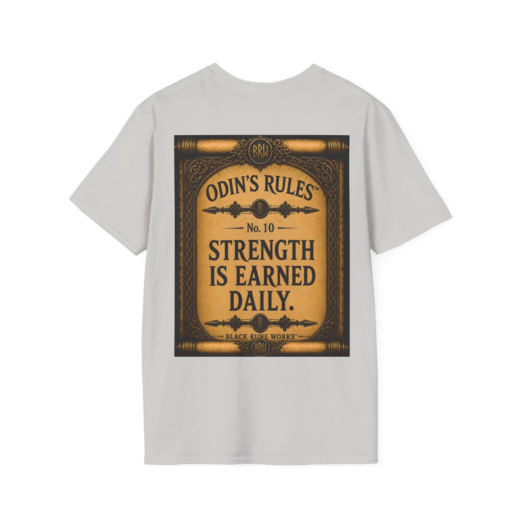 ODIN'S RULES™ No. 10 | Strength Is Earned Daily | Viking Scroll Graphic T-Shirt | Black Rune Works