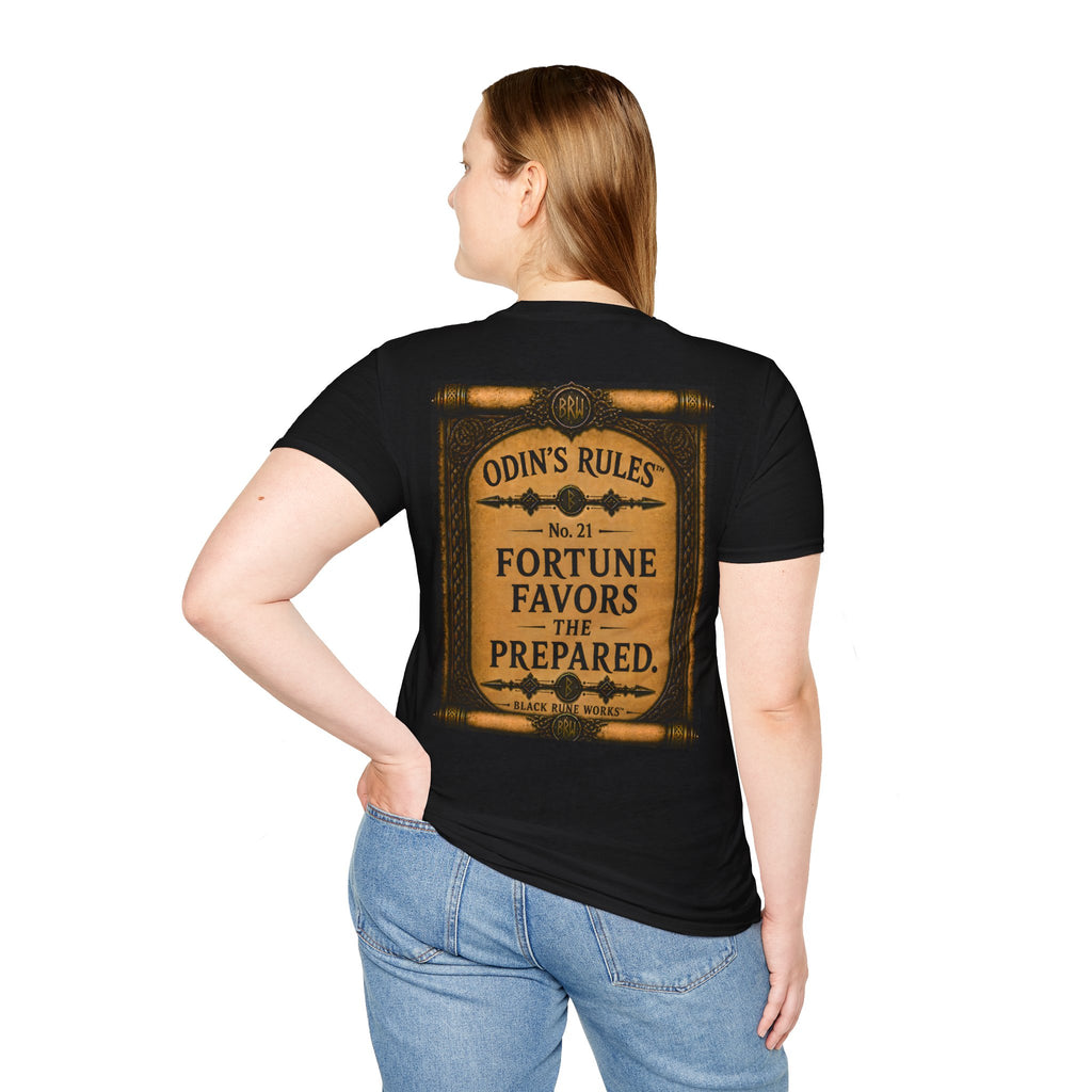 ODIN'S RULES™ No. 21 | Fortune Favors The Prepared | Viking Scroll Graphic T-Shirt | Black Rune Works