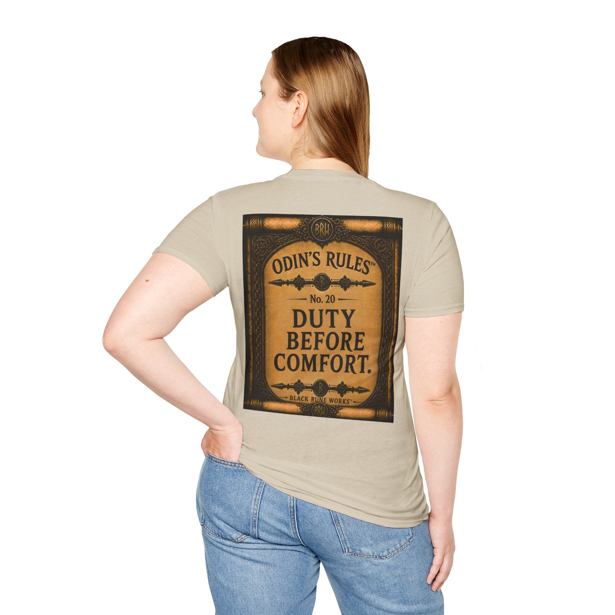 ODIN'S RULES™ No. 20 | Duty Before Comfort | Viking Scroll Graphic T-Shirt | Black Rune Works