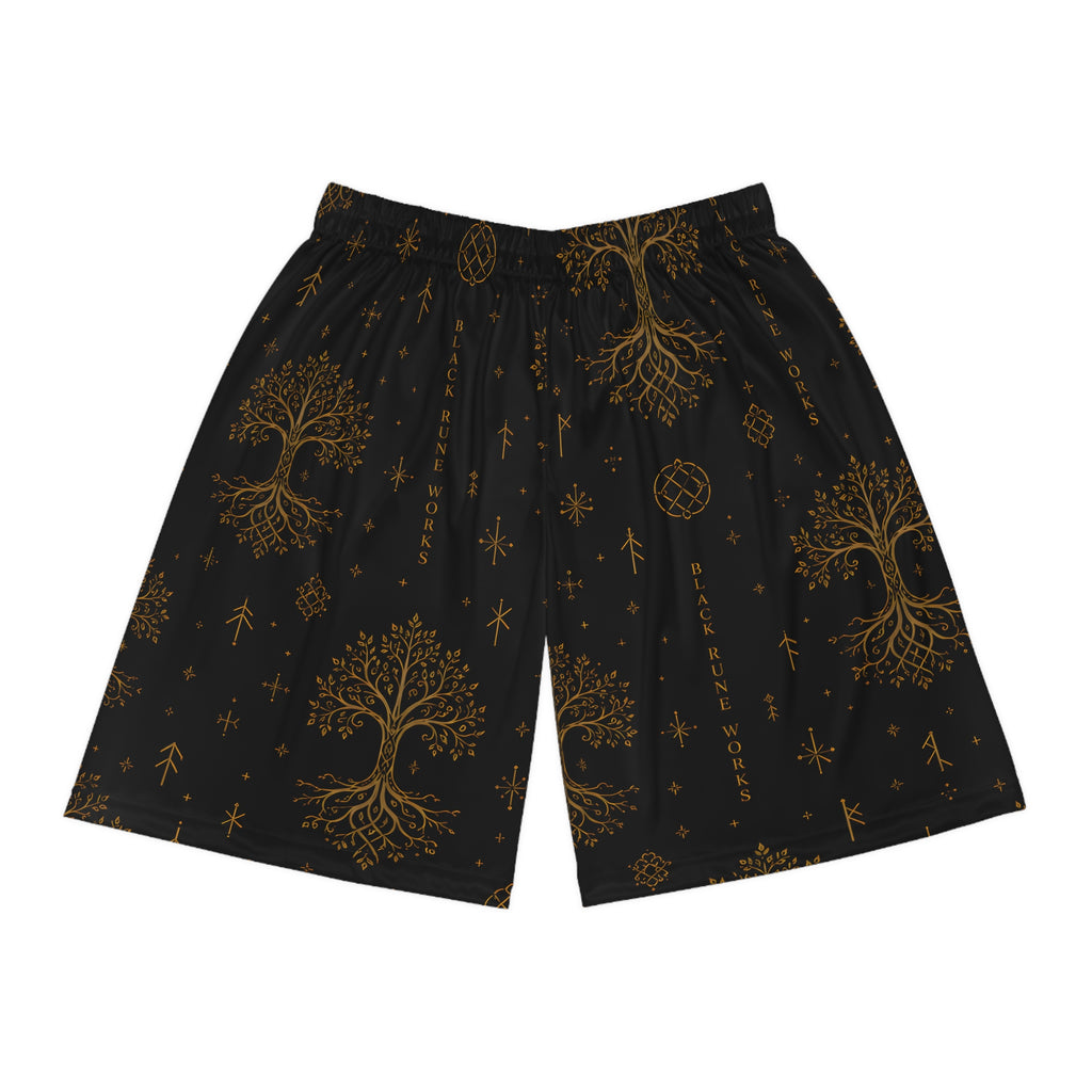 Yggdrasil Tree of Life Basketball Shorts | Black & Gold Nordic Rune Athletic Shorts | Black Rune Works