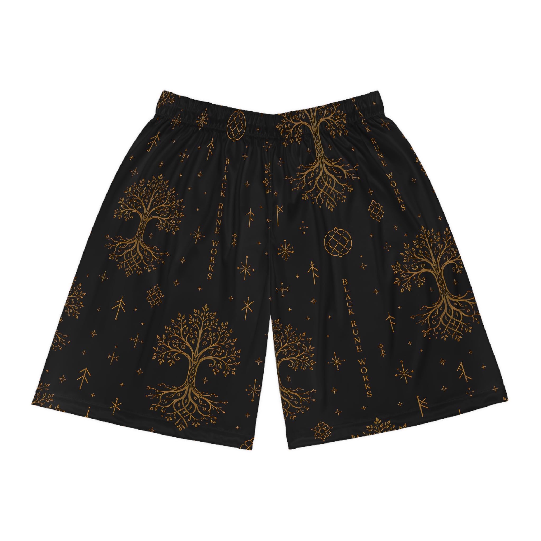 Yggdrasil Tree of Life Basketball Shorts | Black & Gold Nordic Rune Athletic Shorts | Black Rune Works