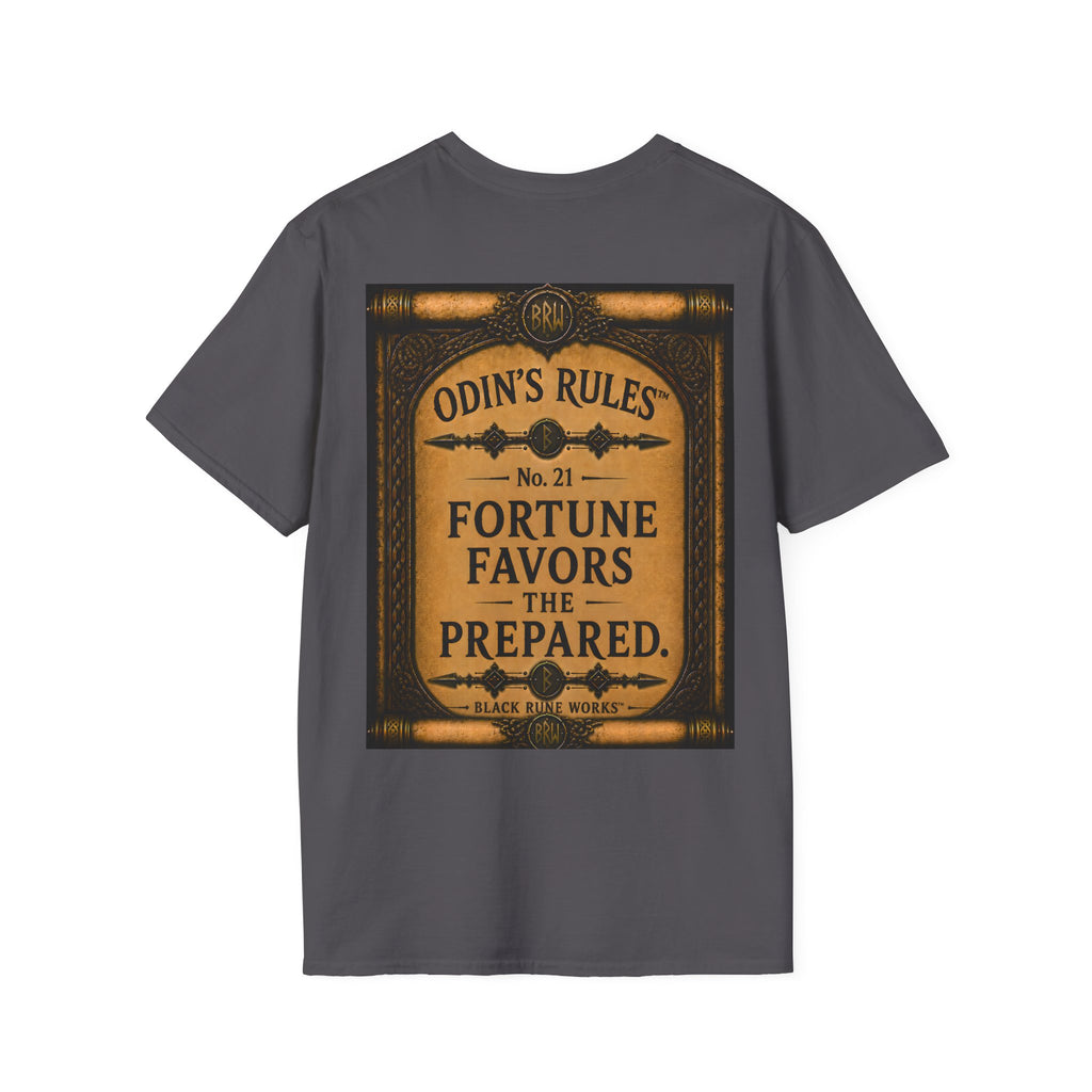 ODIN'S RULES™ No. 21 | Fortune Favors The Prepared | Viking Scroll Graphic T-Shirt | Black Rune Works