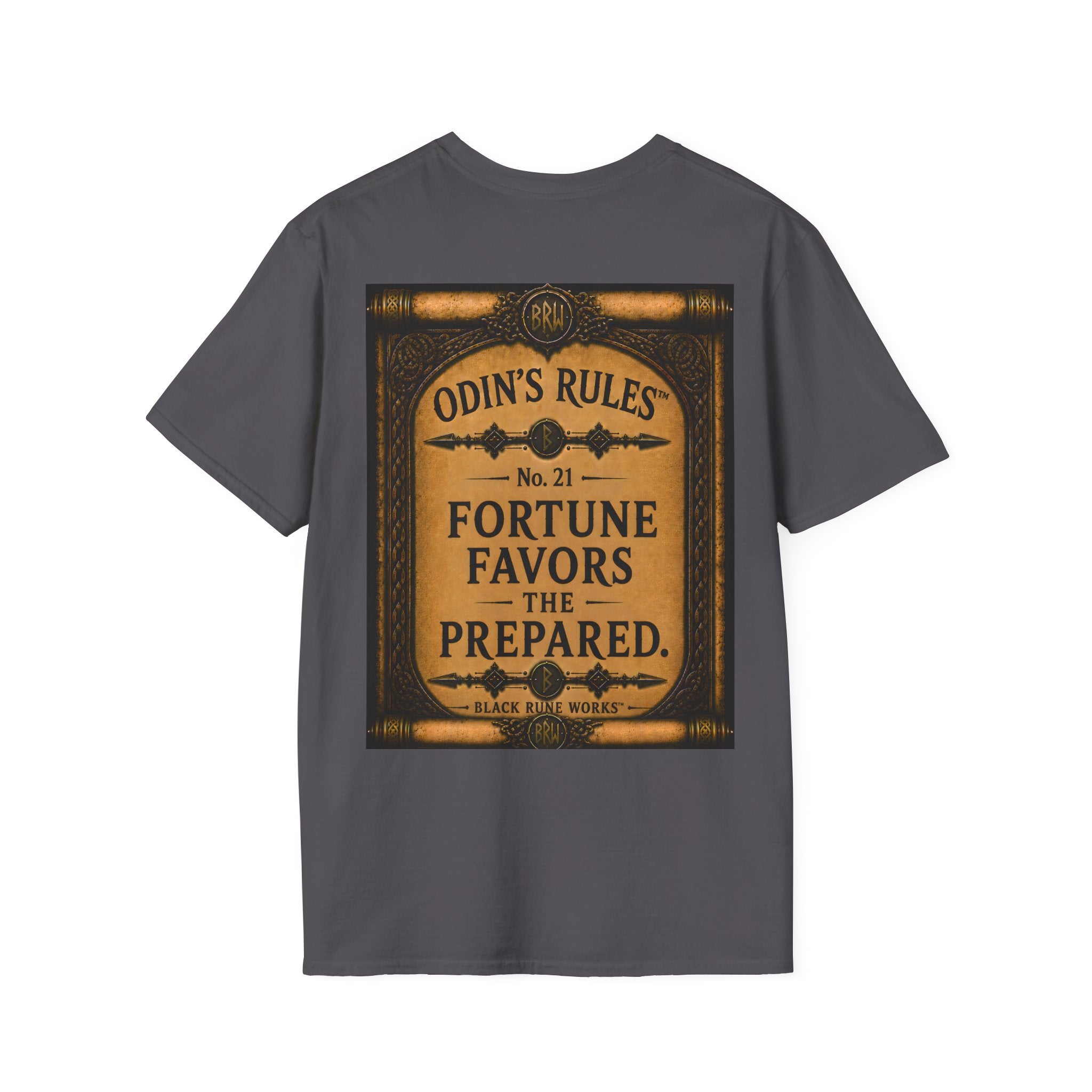 ODIN'S RULES™ No. 21 | Fortune Favors The Prepared | Viking Scroll Graphic T-Shirt | Black Rune Works